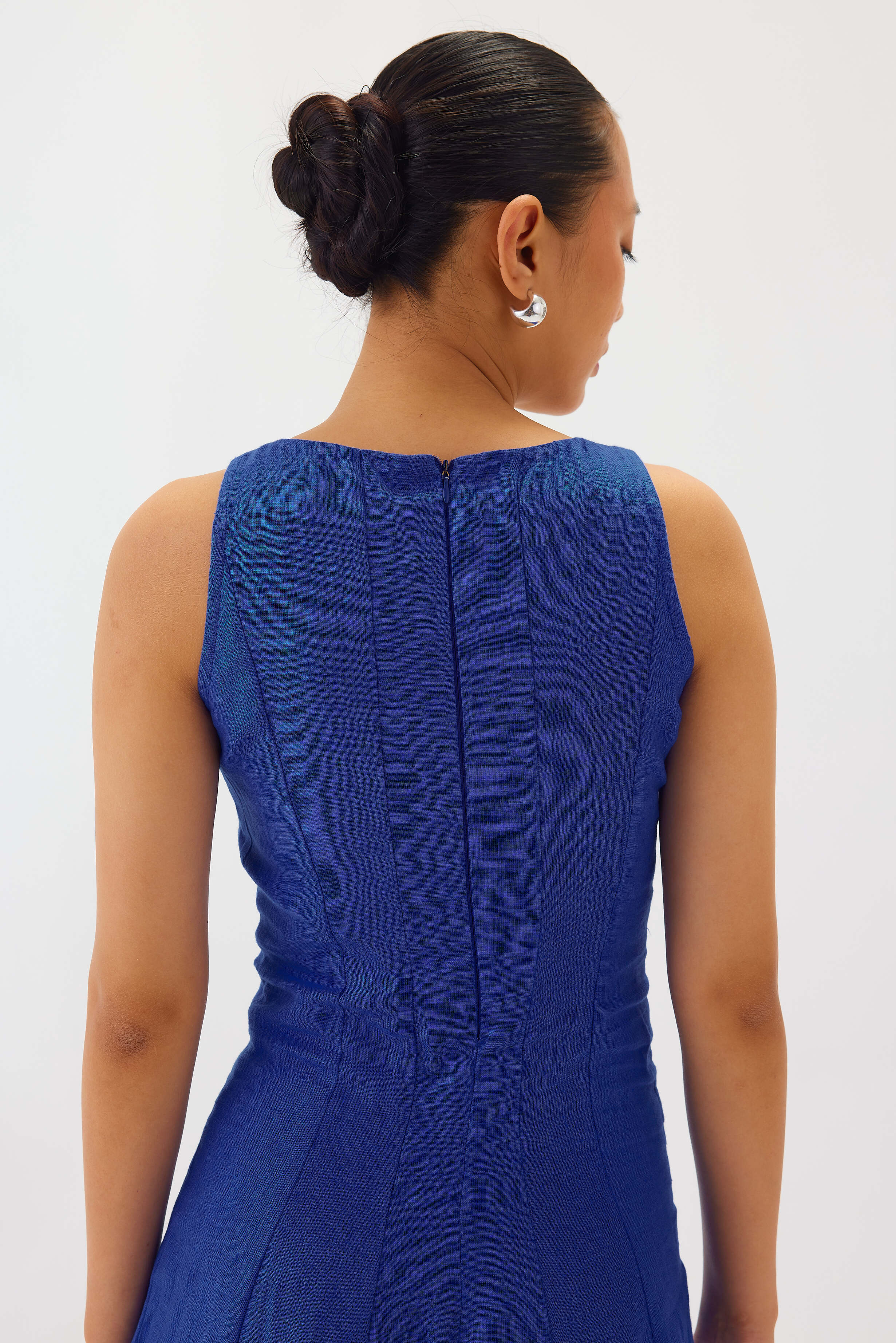 Linen Square-Neck Flare Midi Dress | Blue