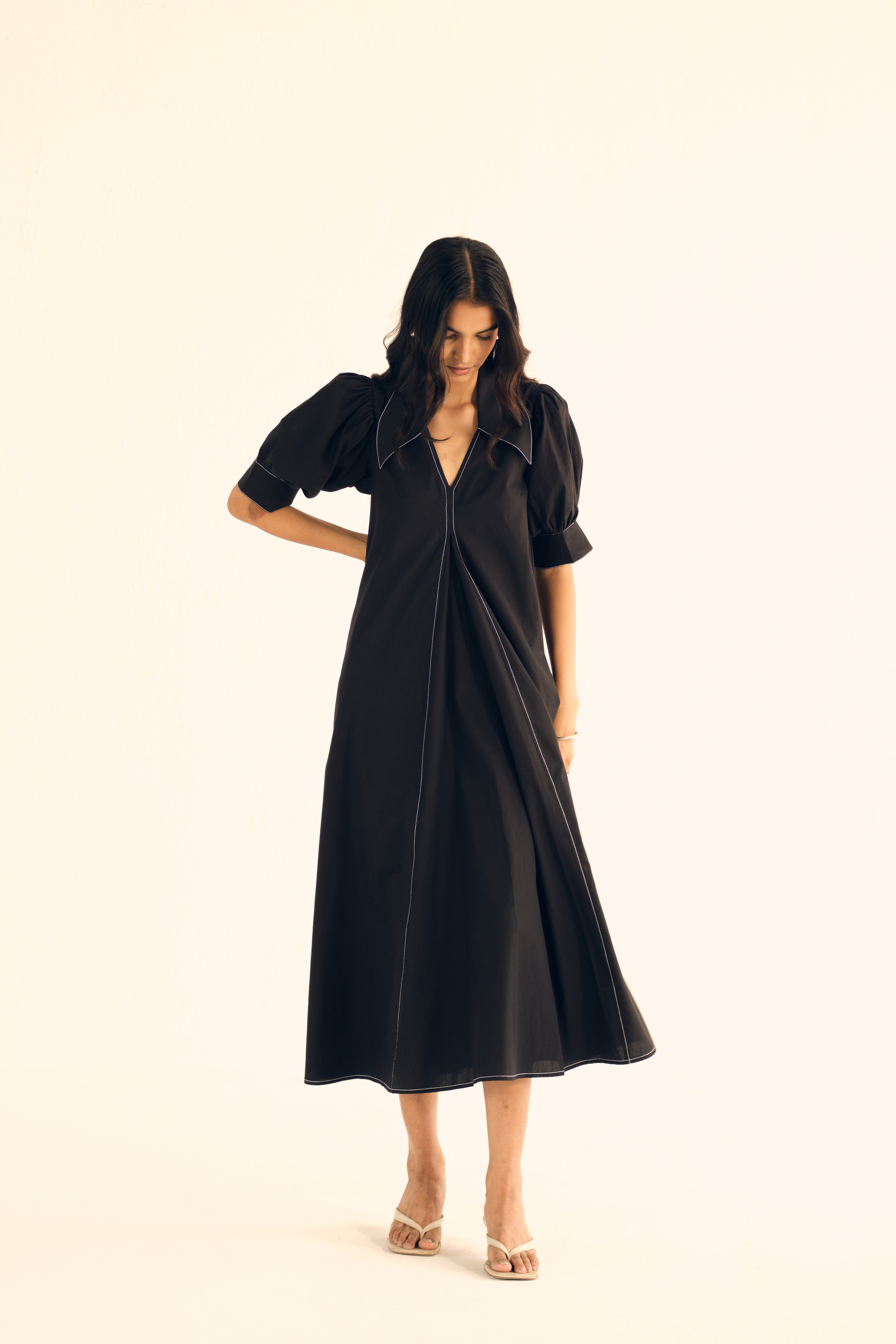Poplin Midi Dress in Black