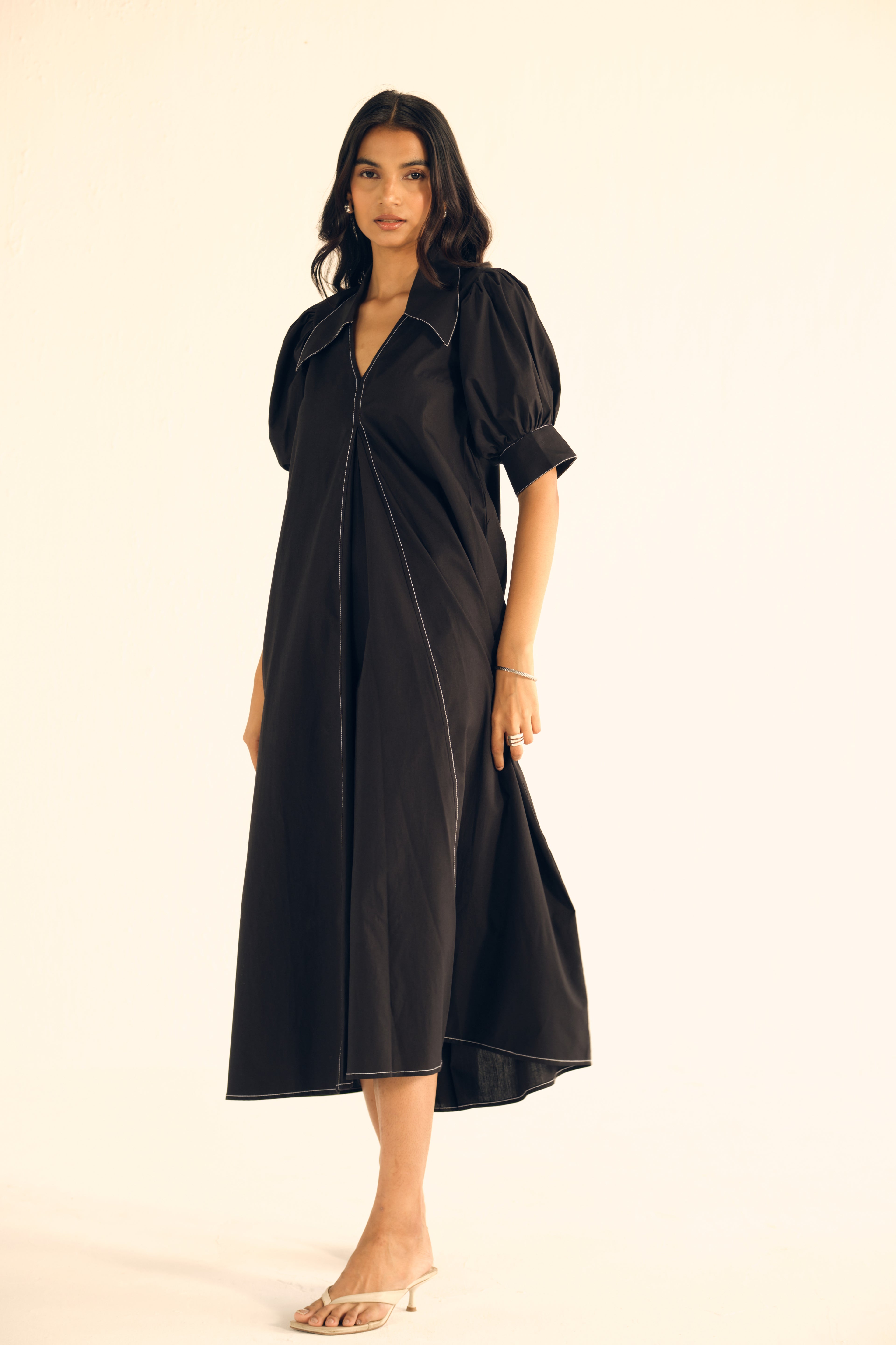 Poplin Midi Dress in Black
