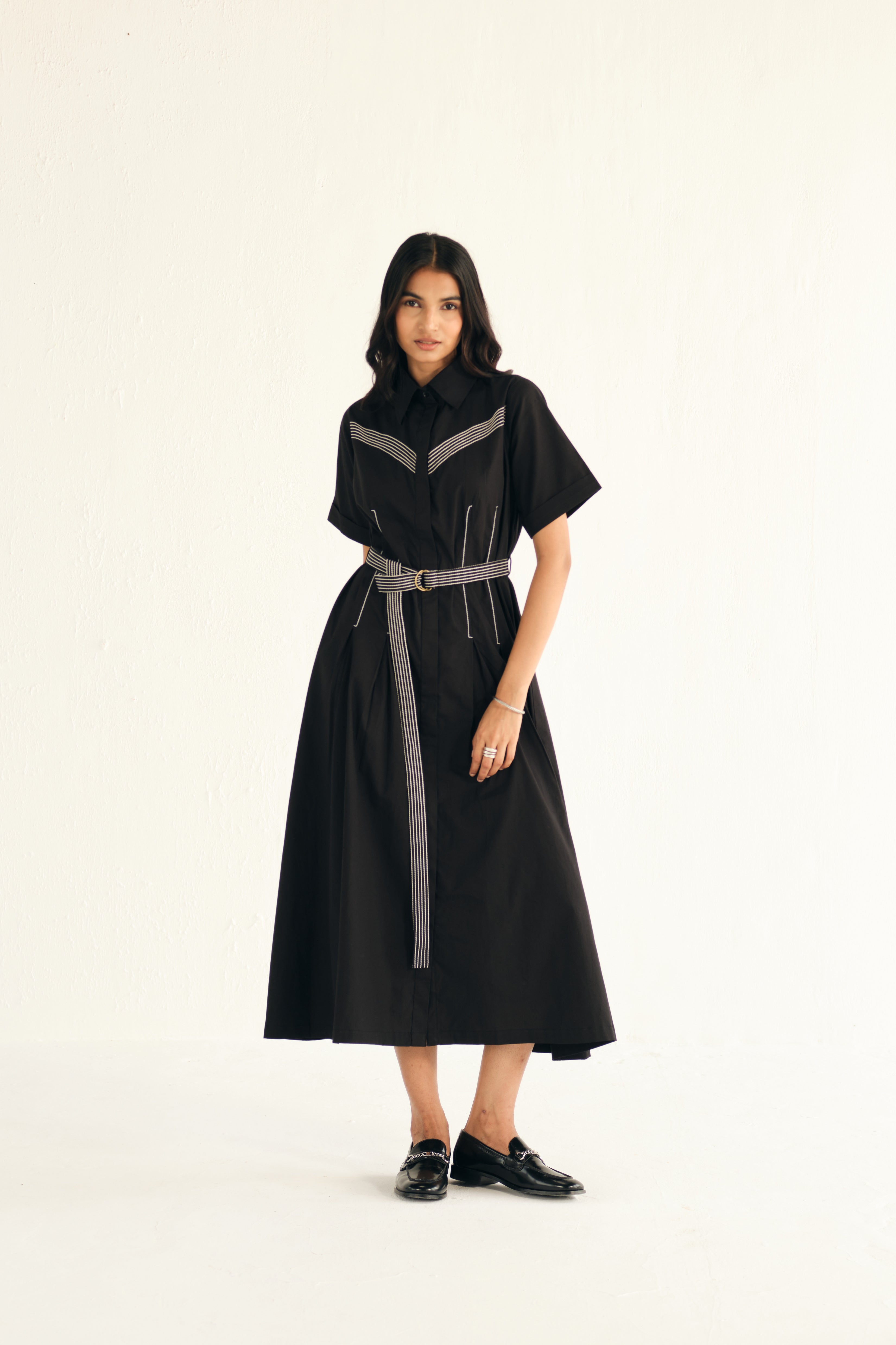 Poplin Midi Length Shirt Dress with Top Stitch Detail as seen on Anupama Chopra