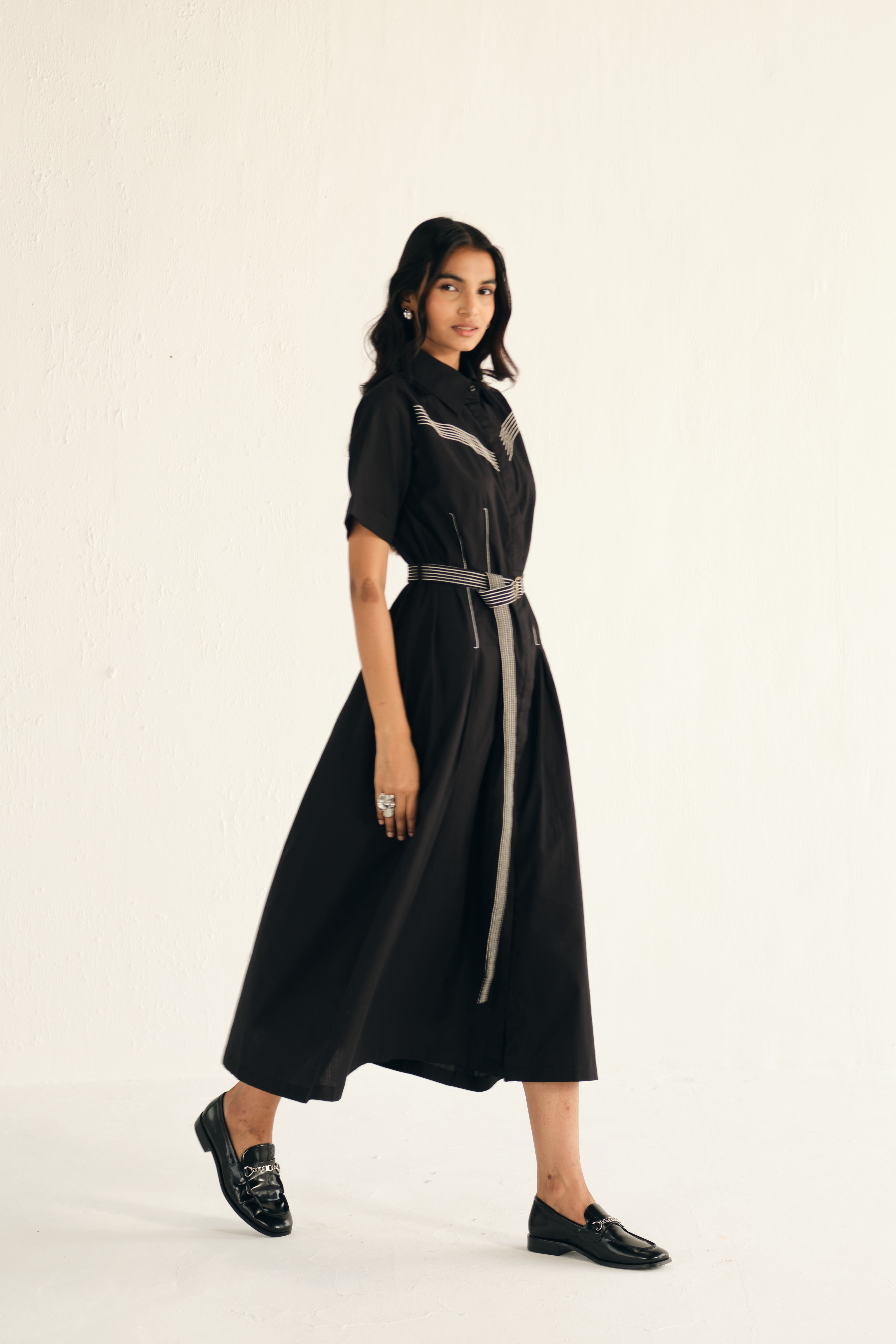 Poplin Midi Length Shirt Dress with Top Stitch Detail as seen on Anupama Chopra