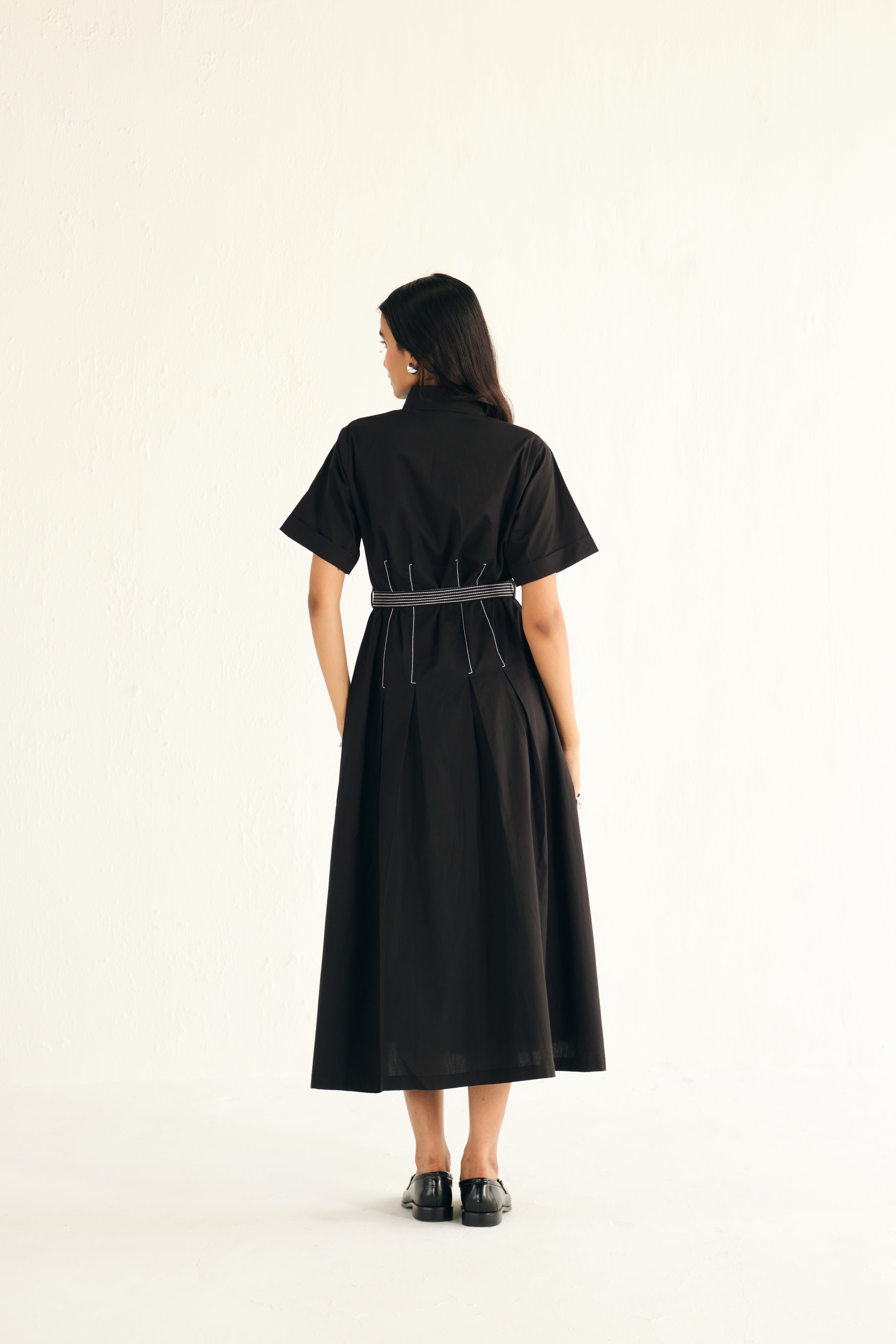 Poplin Midi Length Shirt Dress with Top Stitch Detail | Black