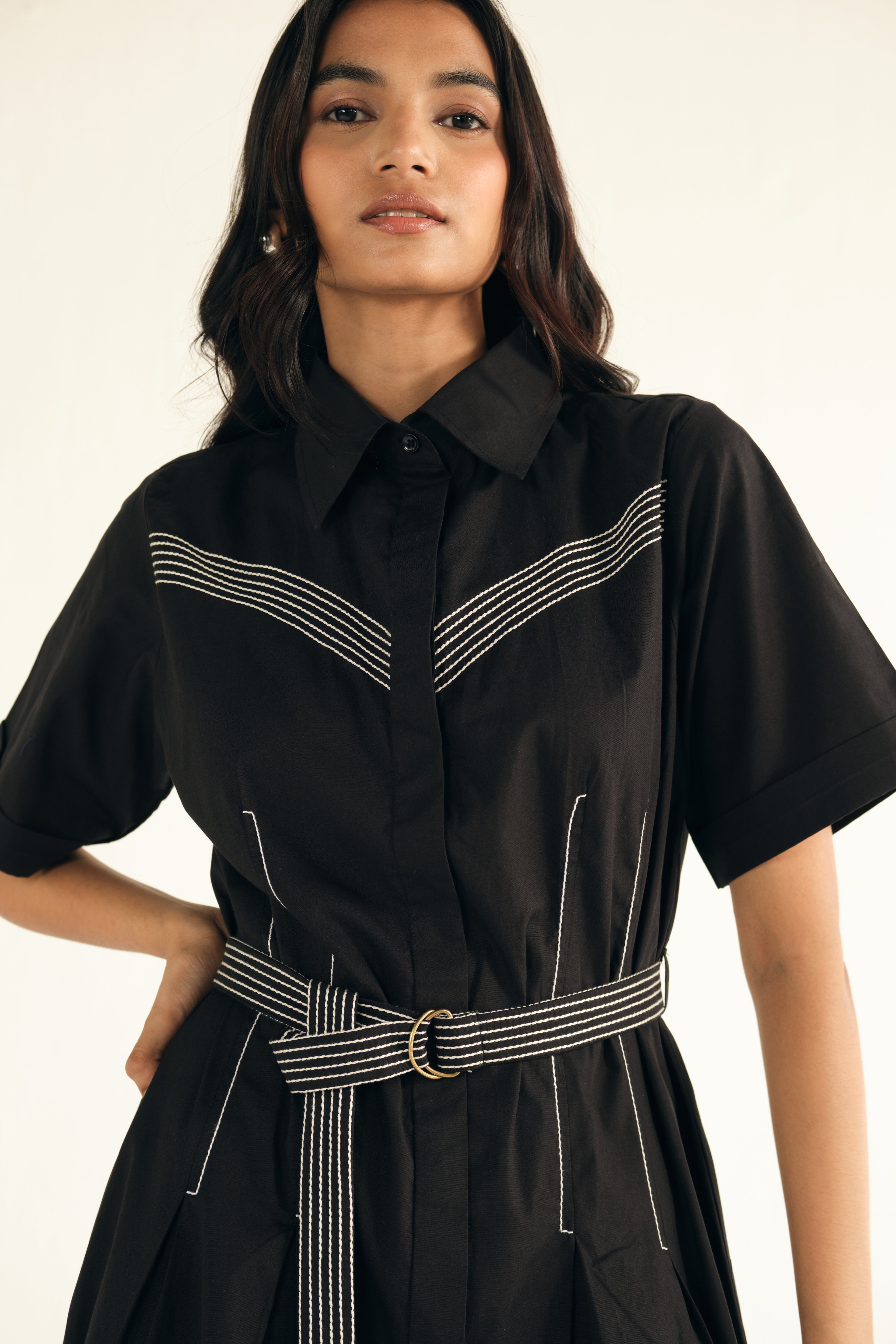 Poplin Midi Length Shirt Dress with Top Stitch Detail as seen on Anupama Chopra