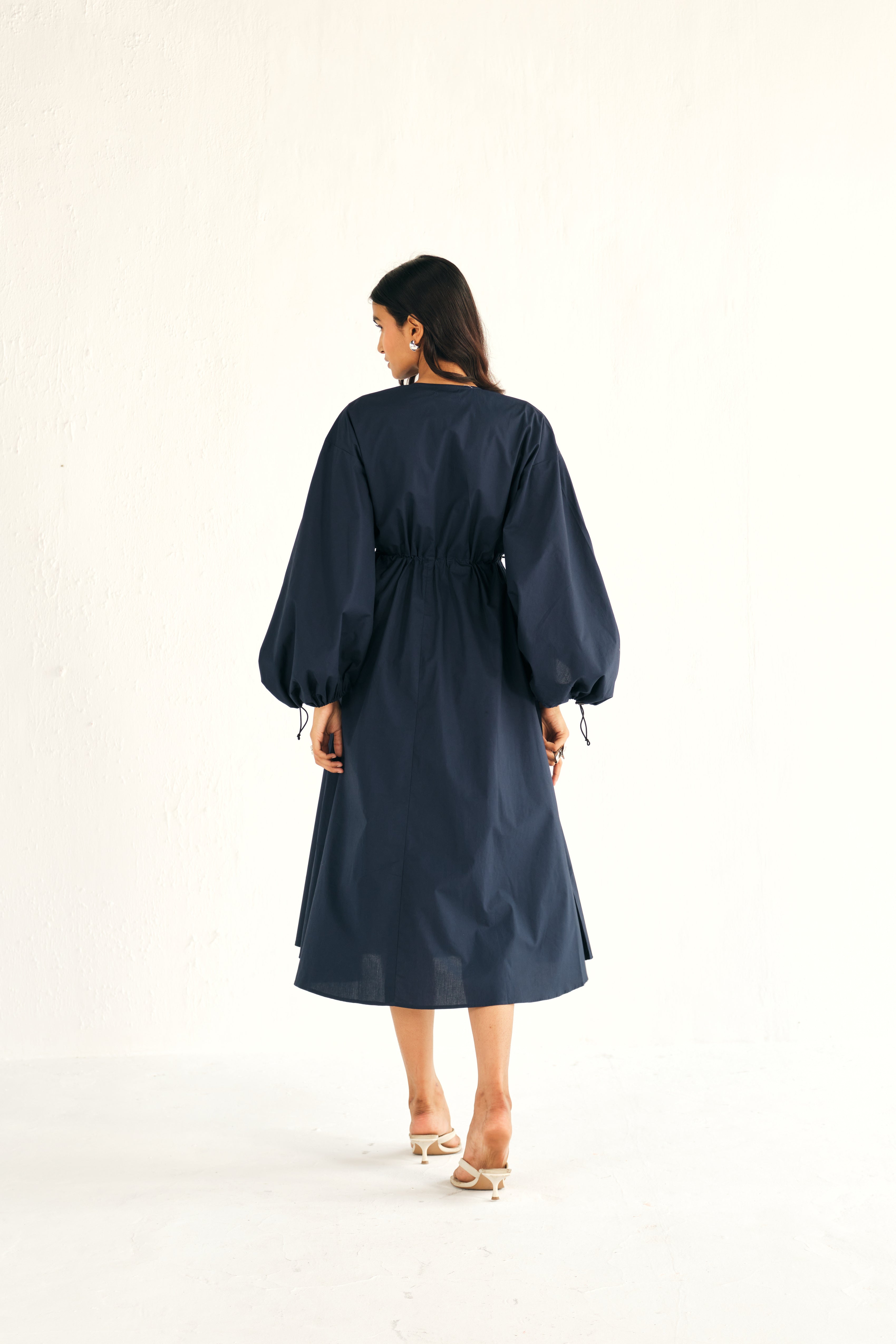 Poplin Midi Dress in Blue with Cinching Detail