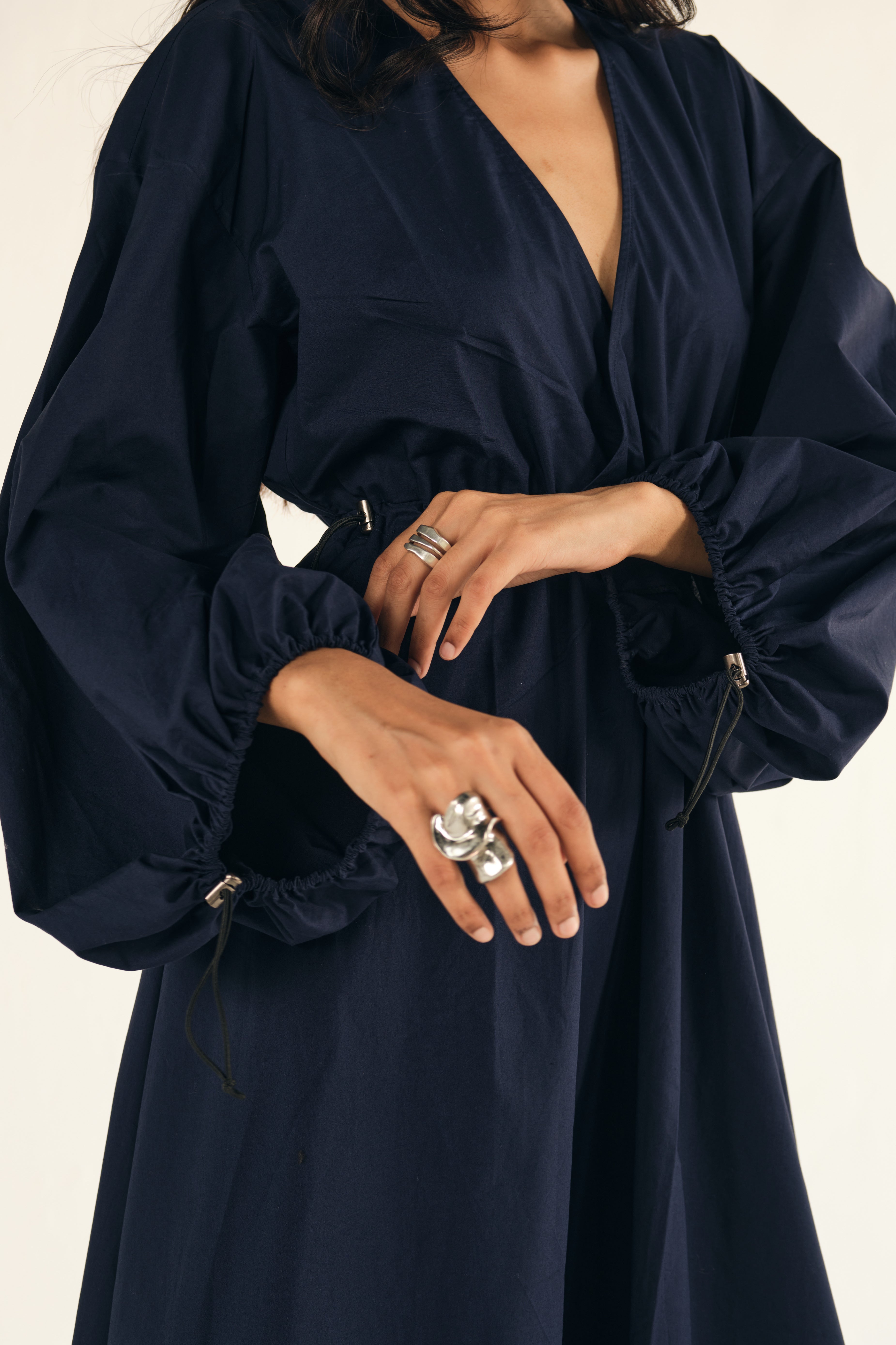 Poplin Midi Dress in Blue with Cinching Detail