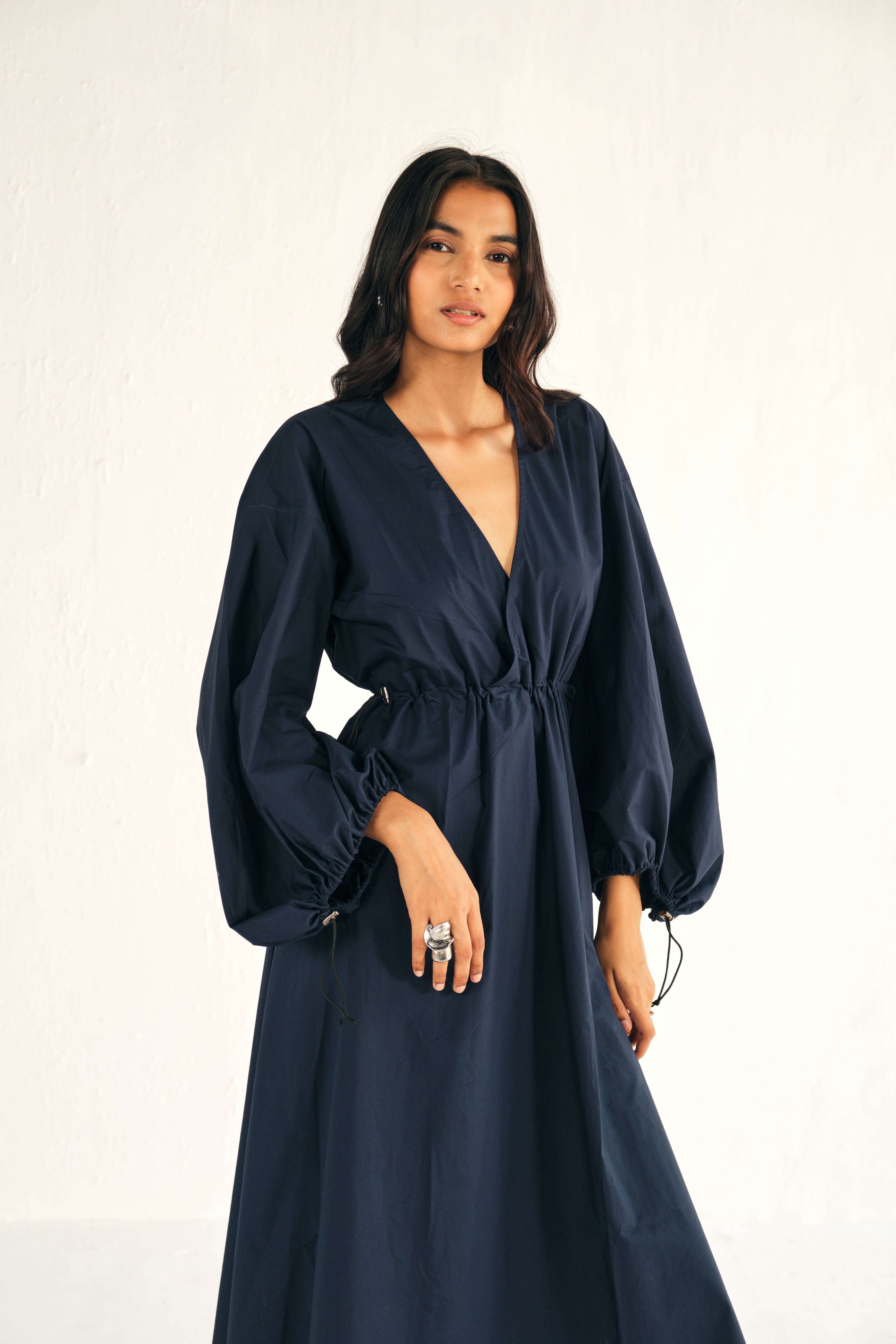 Poplin Midi Dress in Blue with Cinching Detail