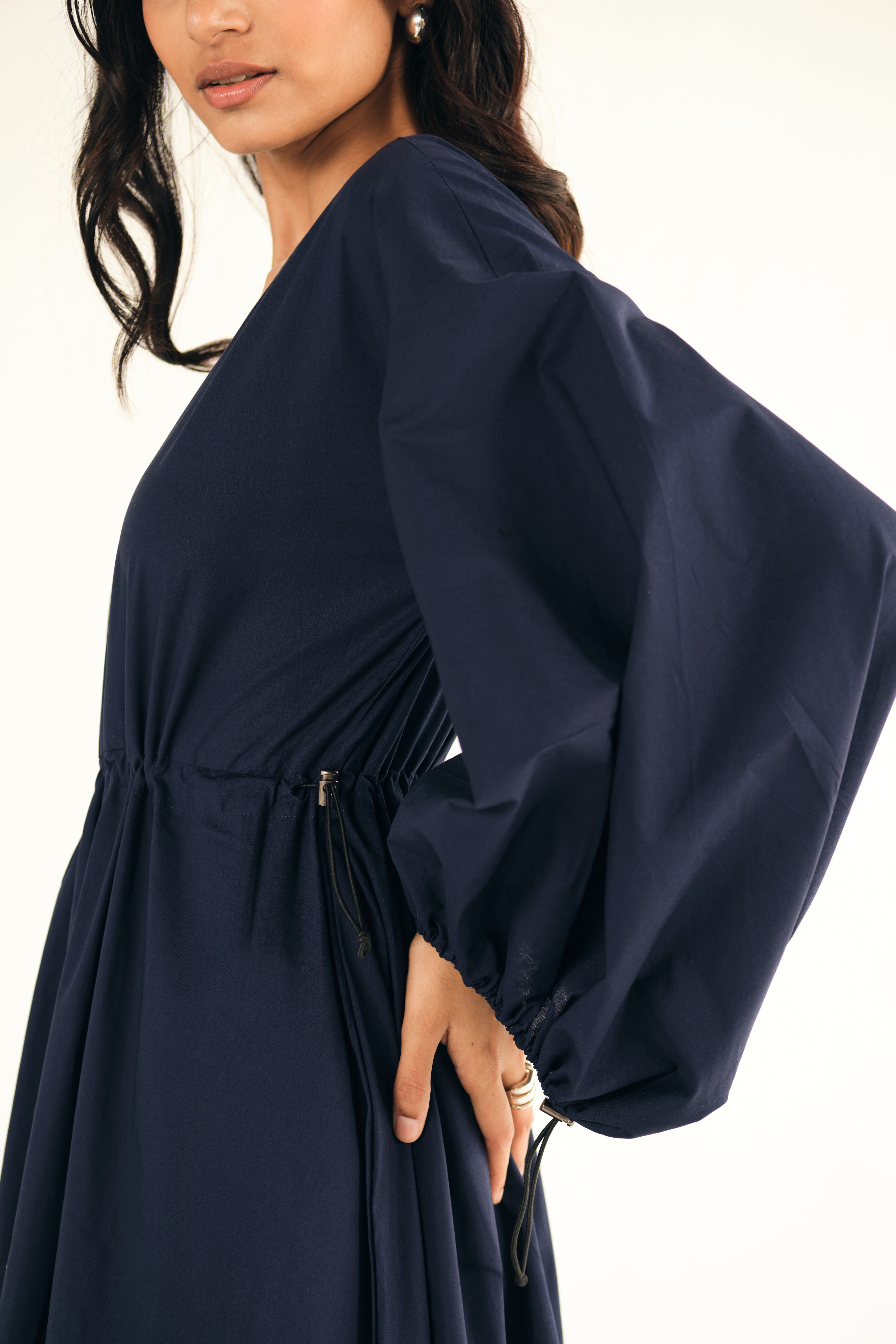 Poplin Midi Dress in Blue with Cinching Detail