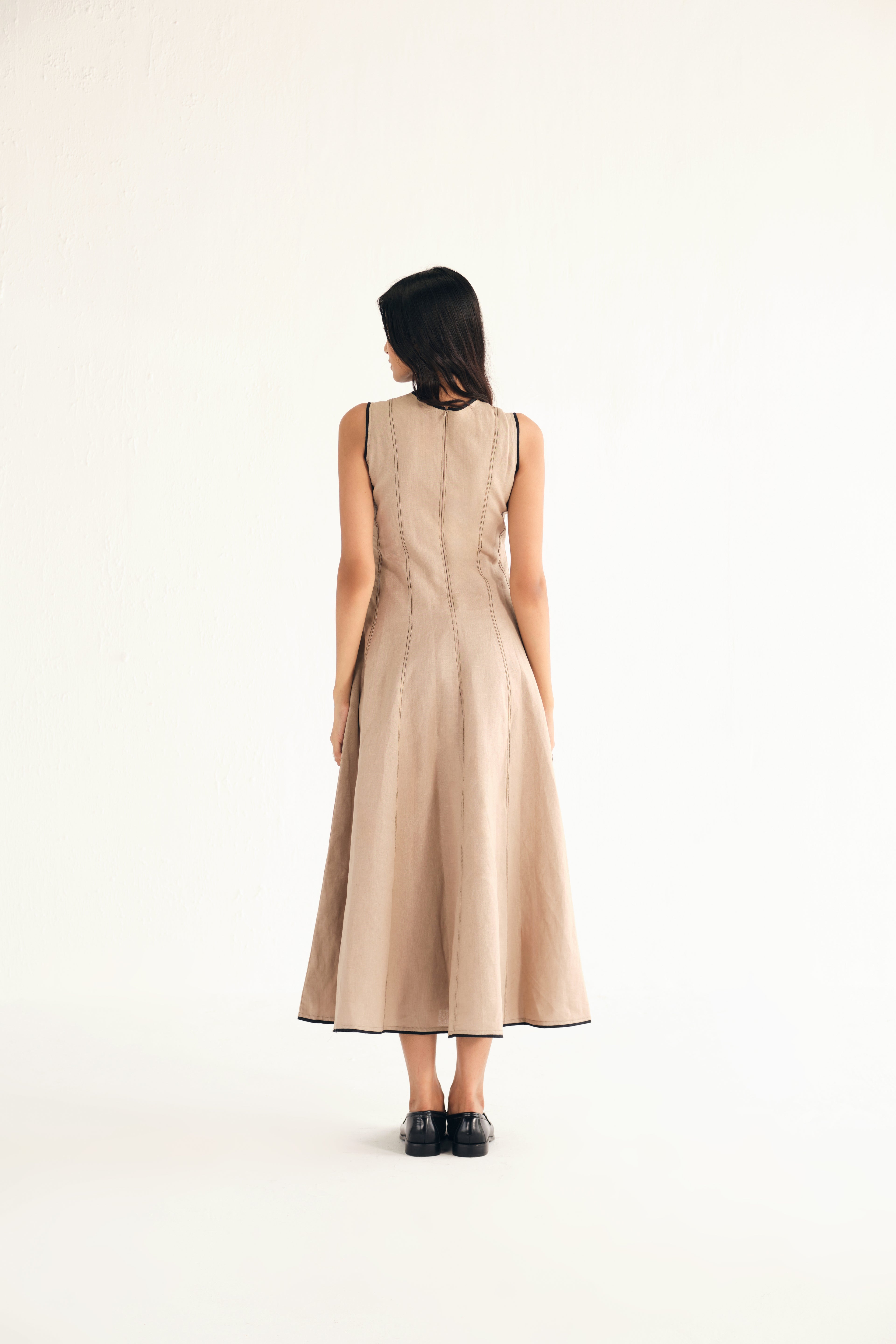 100% Linen Midi Dress in Beige