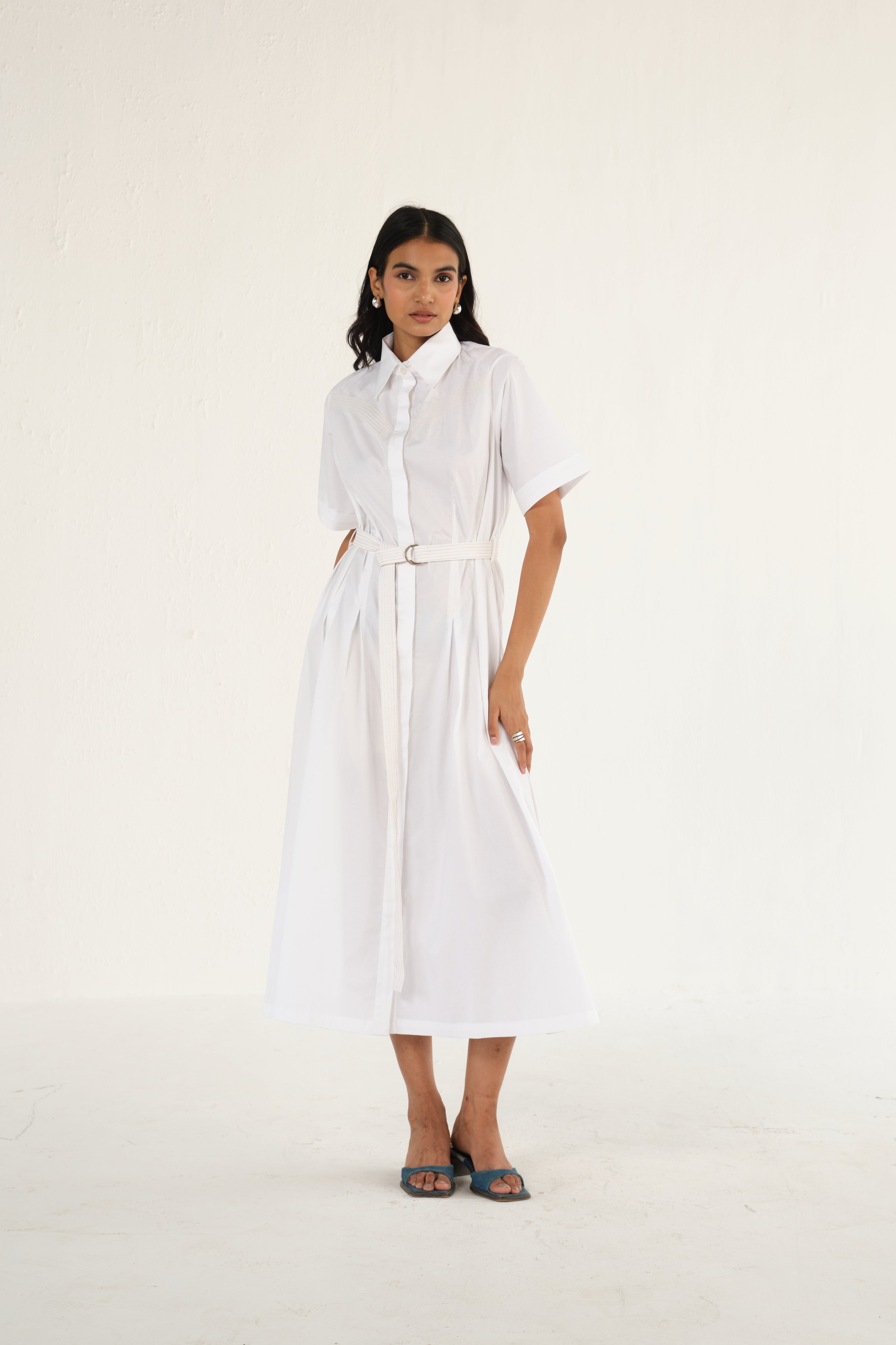 Poplin Midi Length Shirt Dress with Top Stitch Detail | White