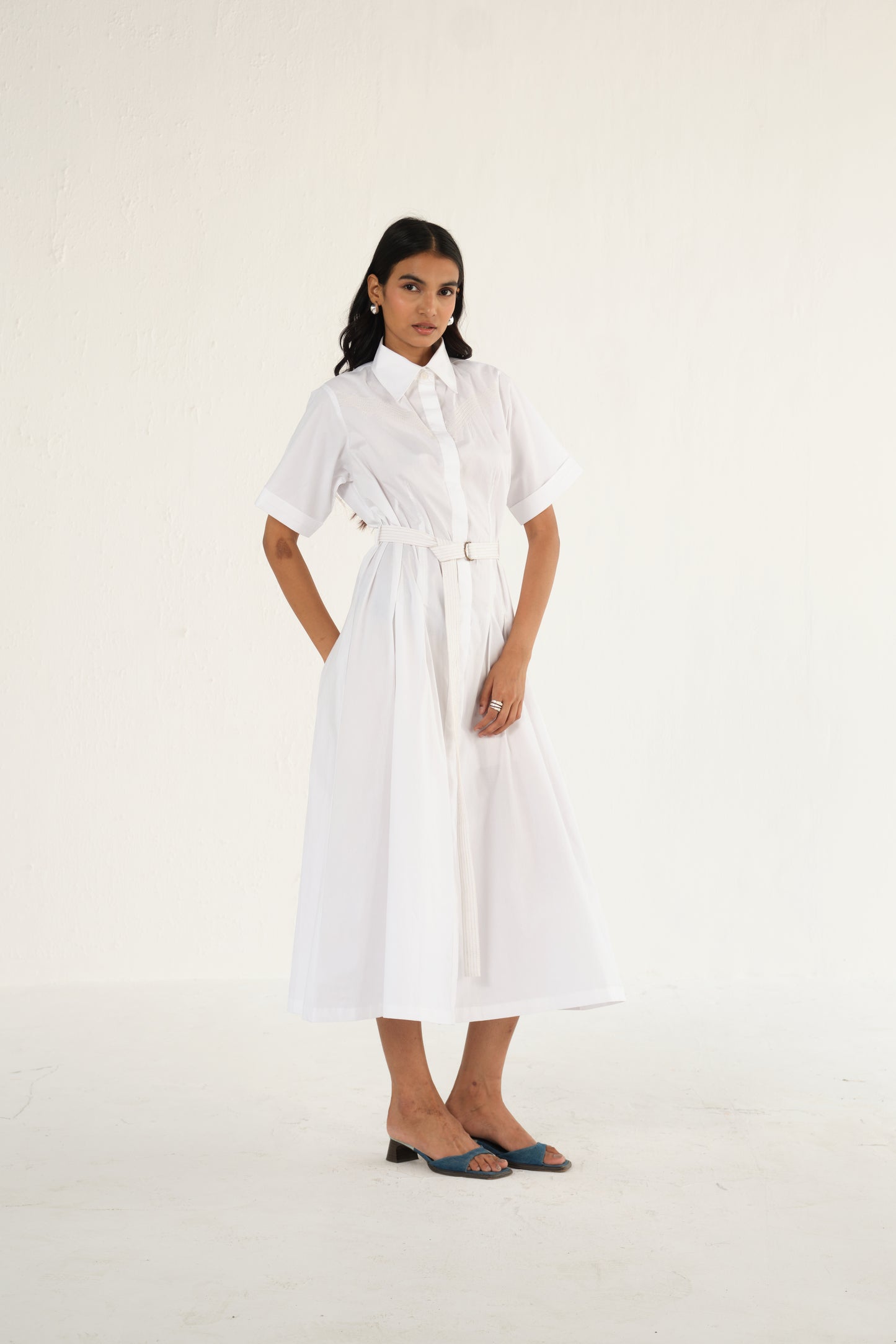 Poplin Midi Length Shirt Dress with Top Stitch Detail | White
