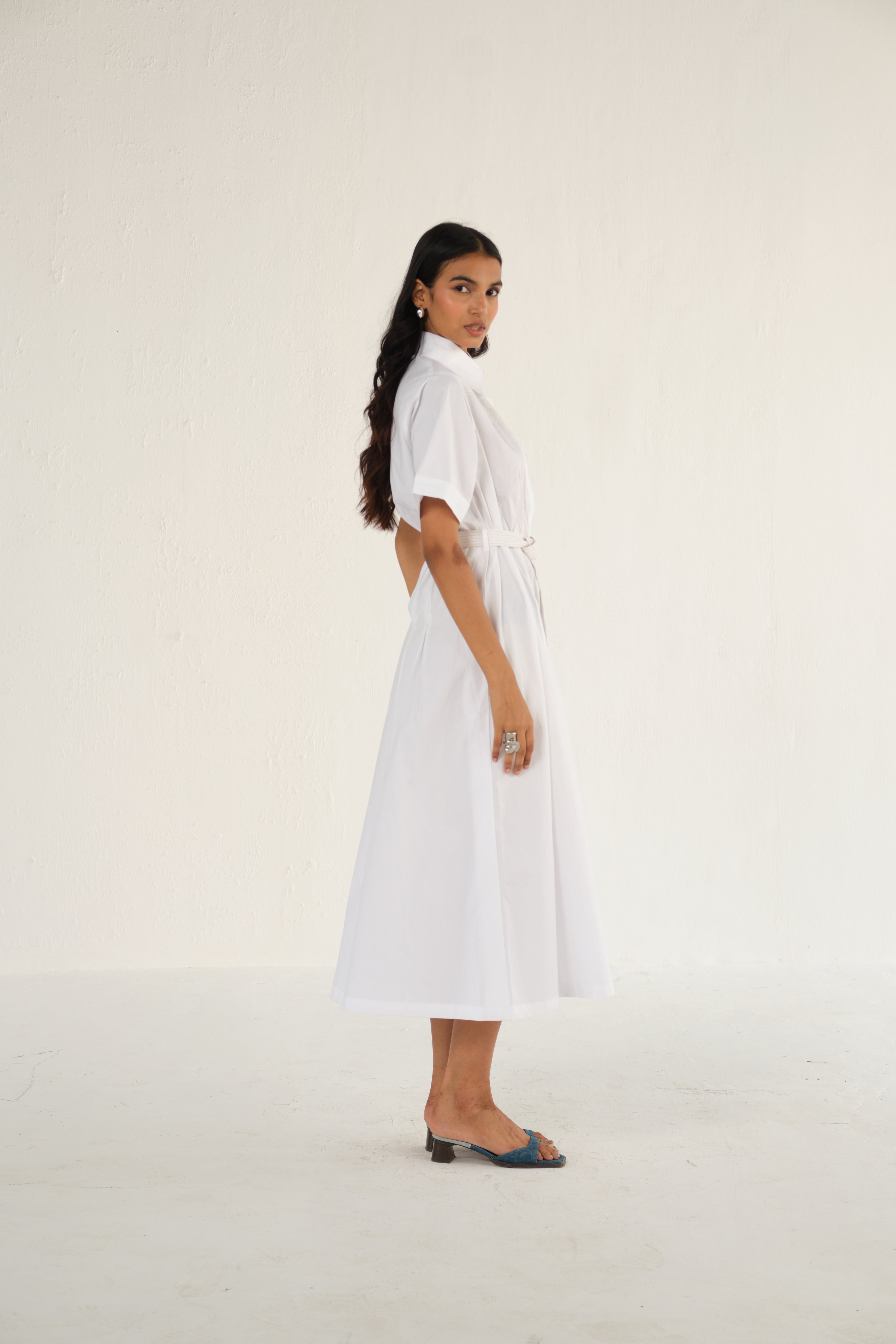 Poplin Midi Length Shirt Dress with Top Stitch Detail | White