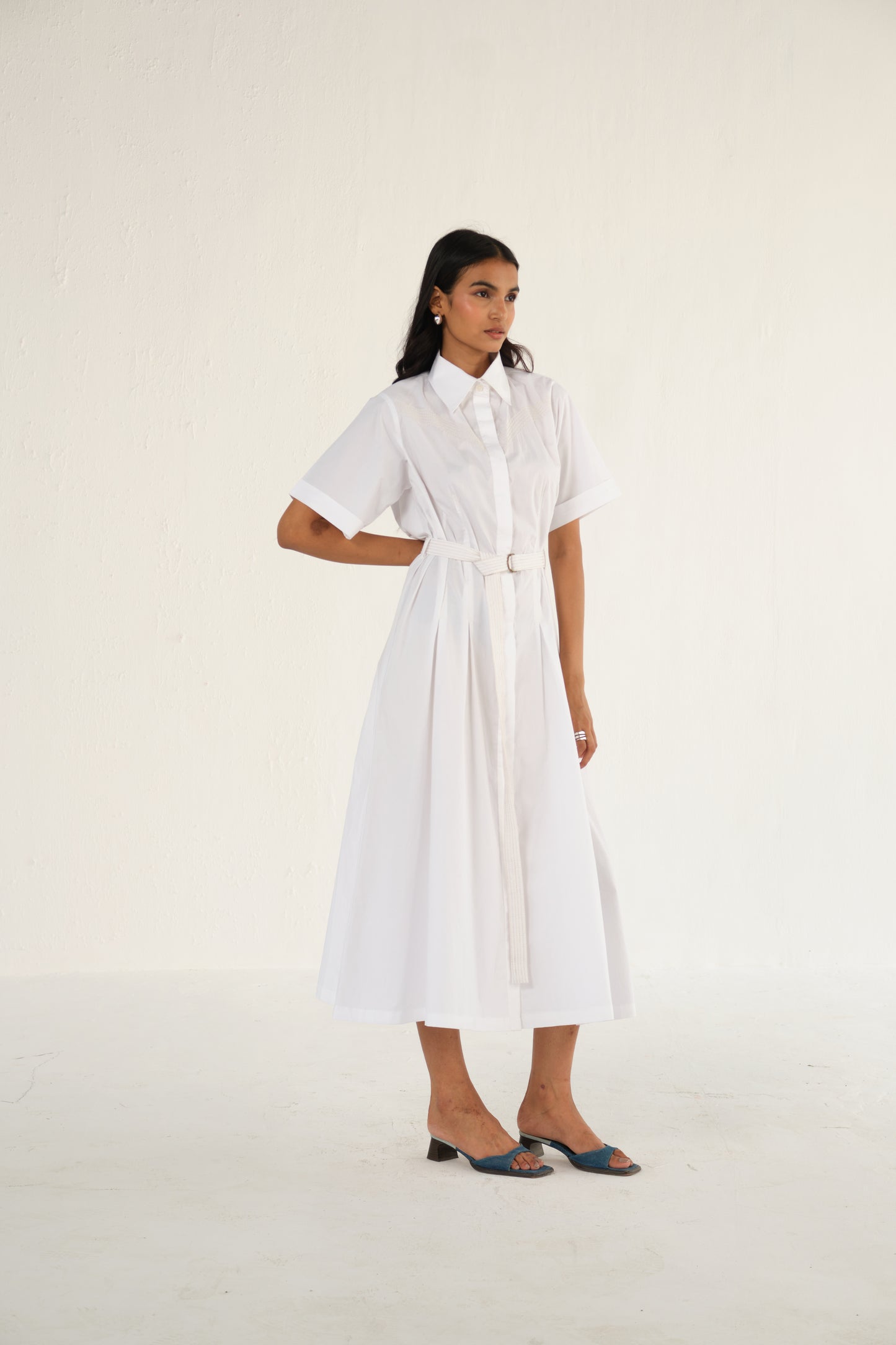Poplin Midi Length Shirt Dress with Top Stitch Detail | White