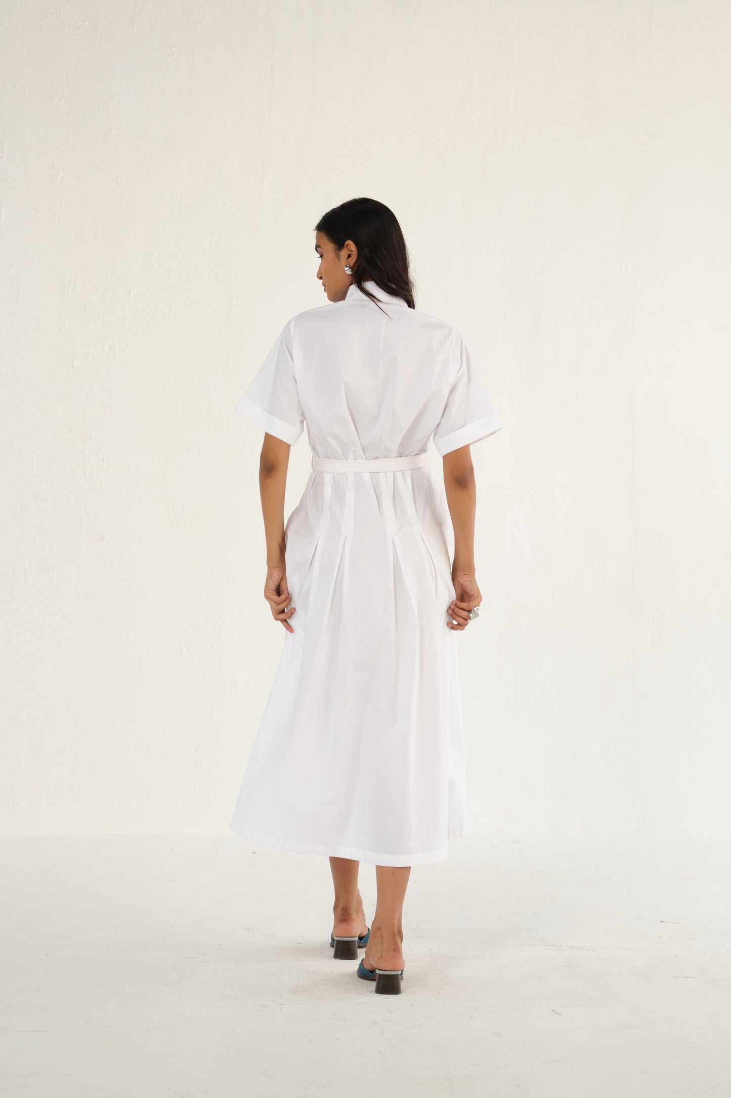 Poplin Midi Length Shirt Dress with Top Stitch Detail | White