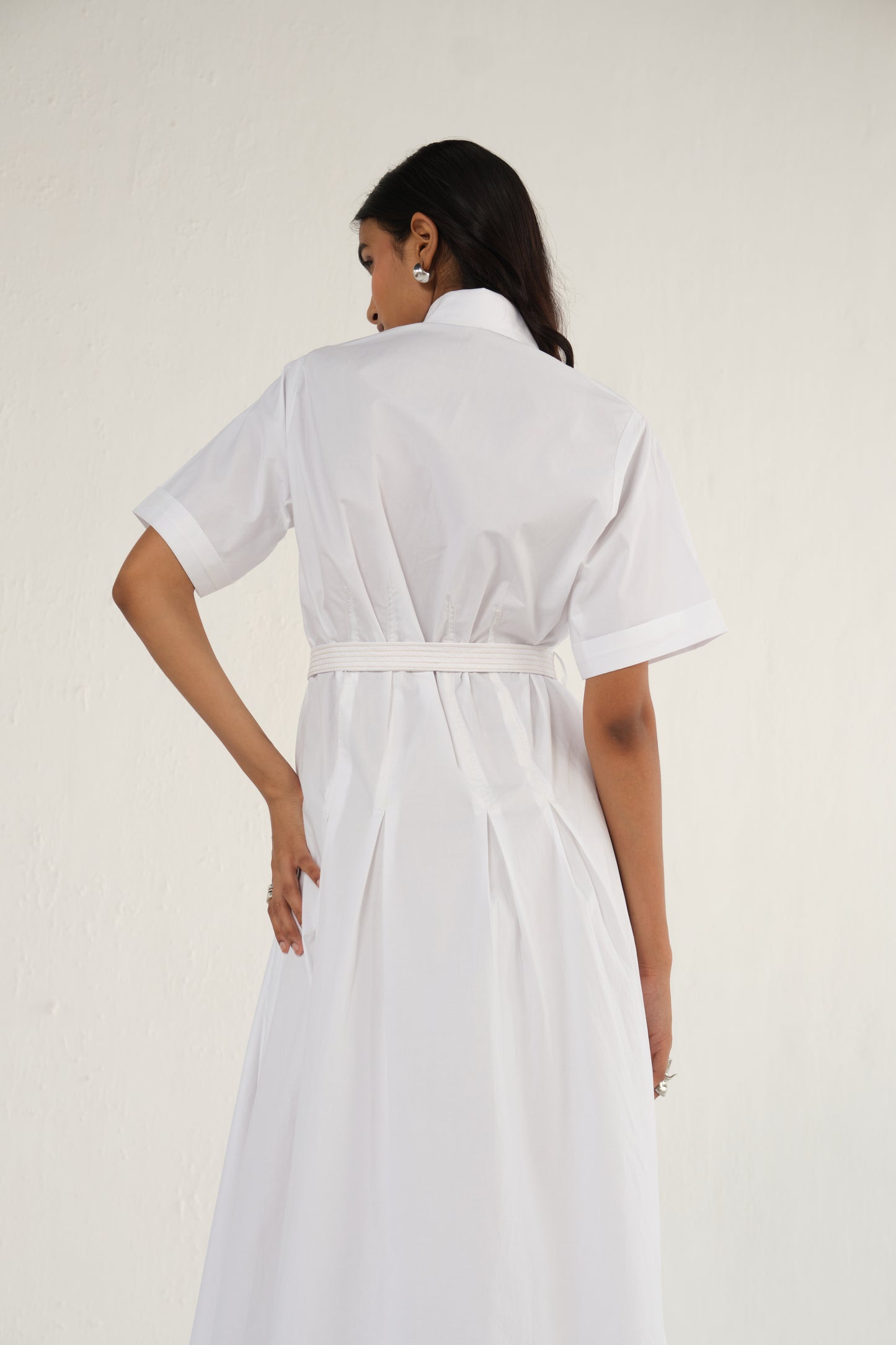 Poplin Midi Length Shirt Dress with Top Stitch Detail | White