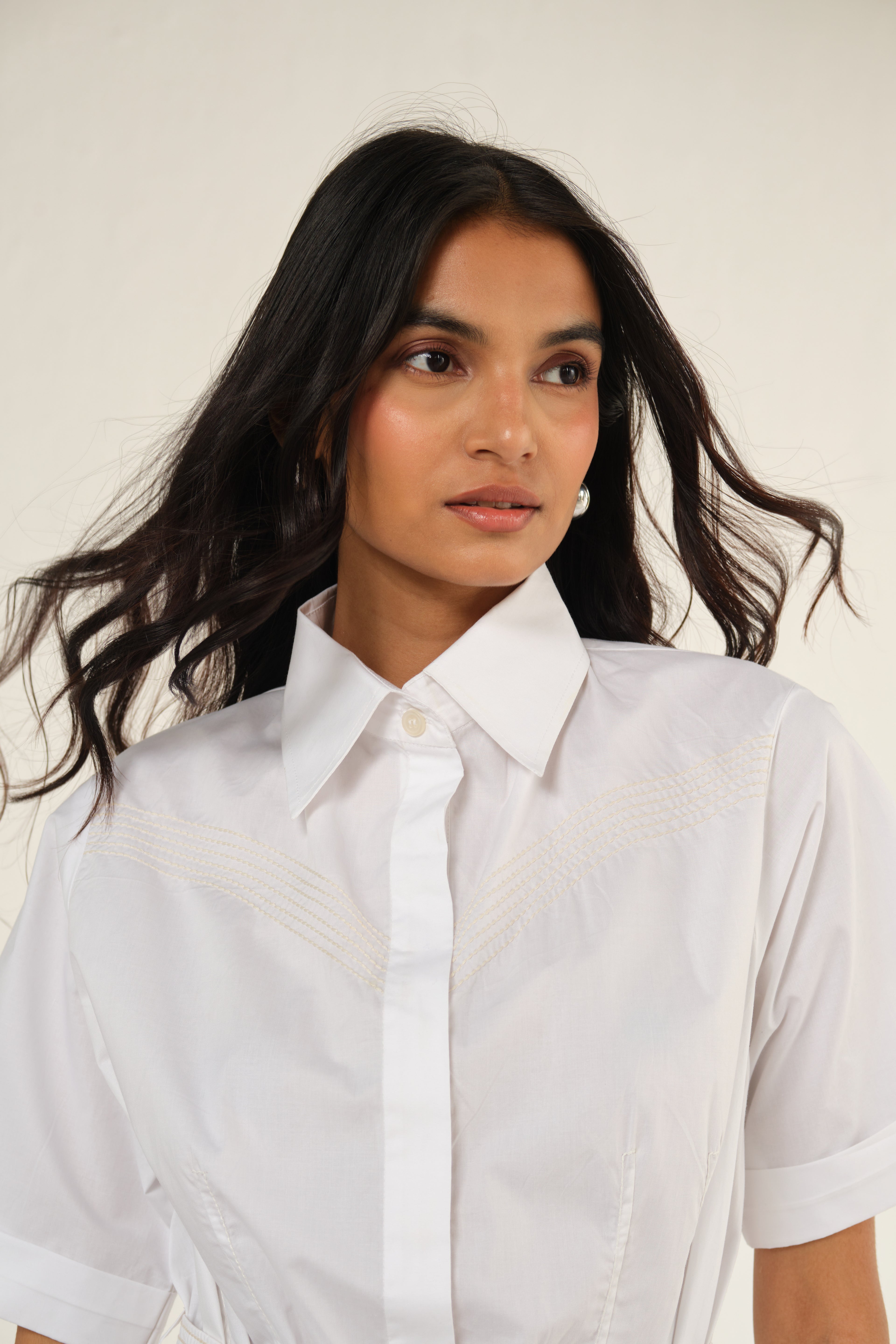 Poplin Midi Length Shirt Dress with Top Stitch Detail | White