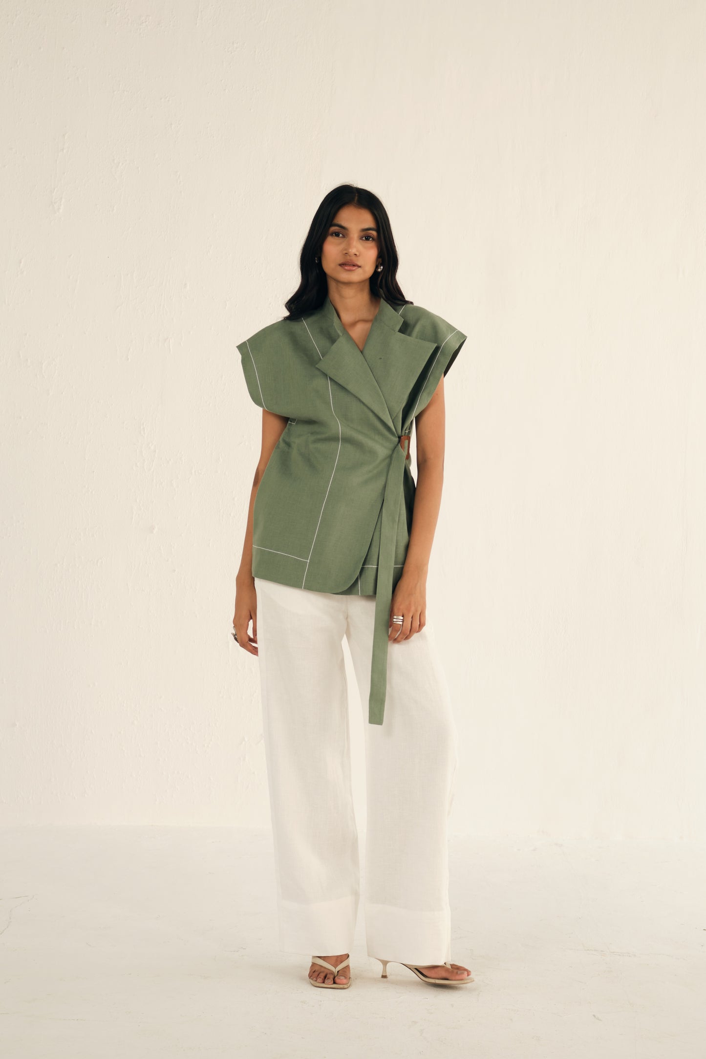 100% Linen Drawstring Straight Pants | White