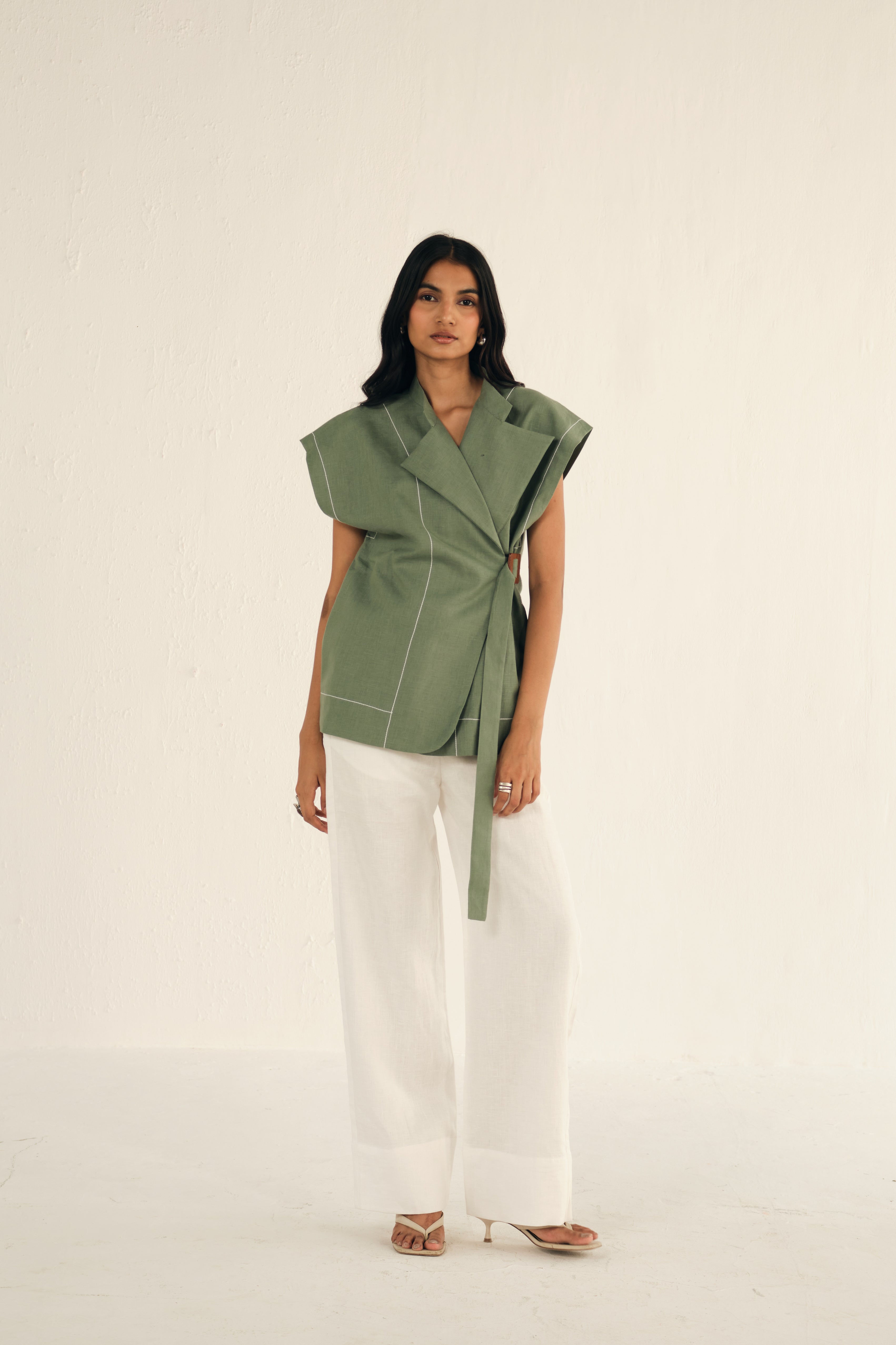 100% Linen Drawstring Straight Pants | White