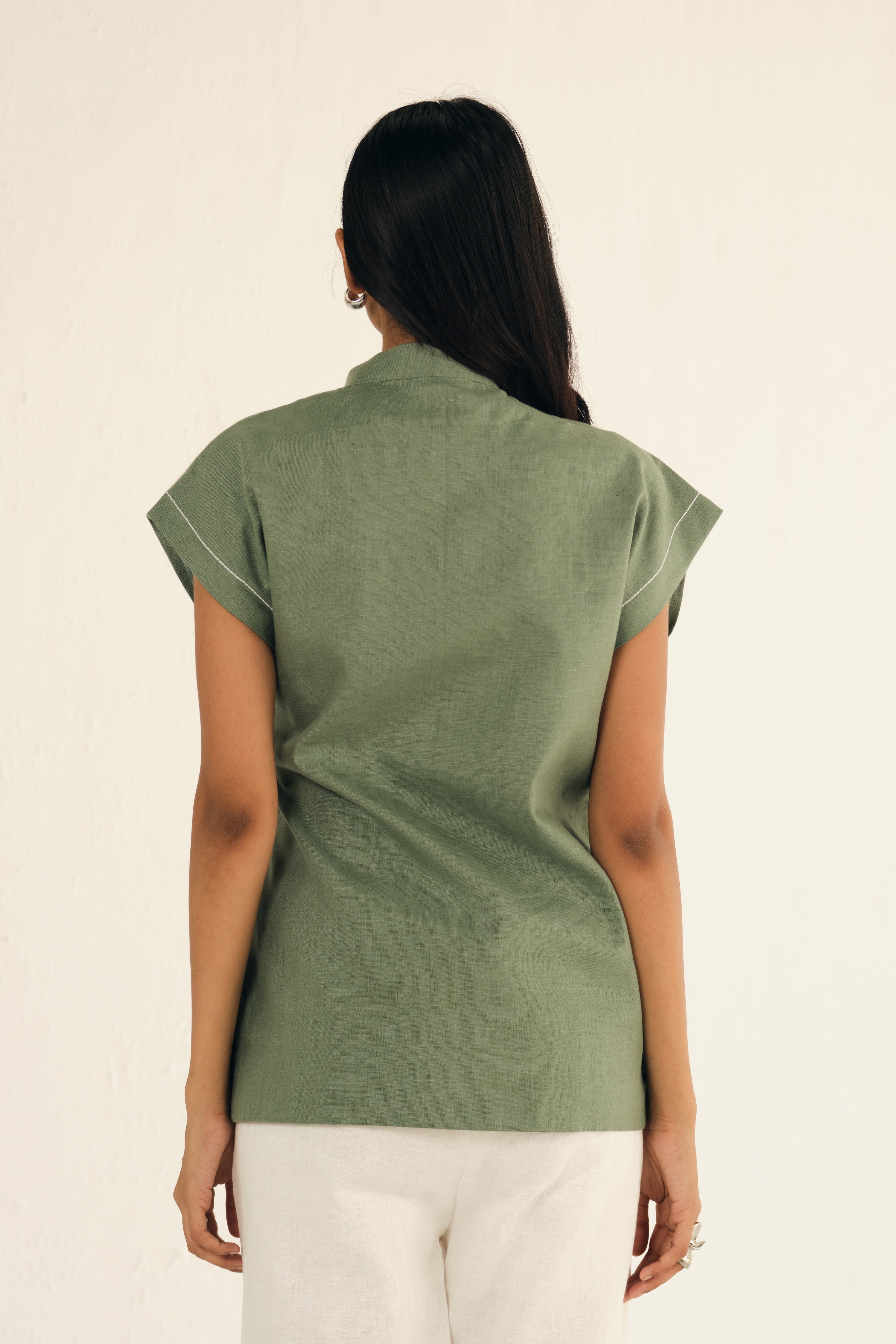 100% Linen Cap Sleeves Jacket | Green