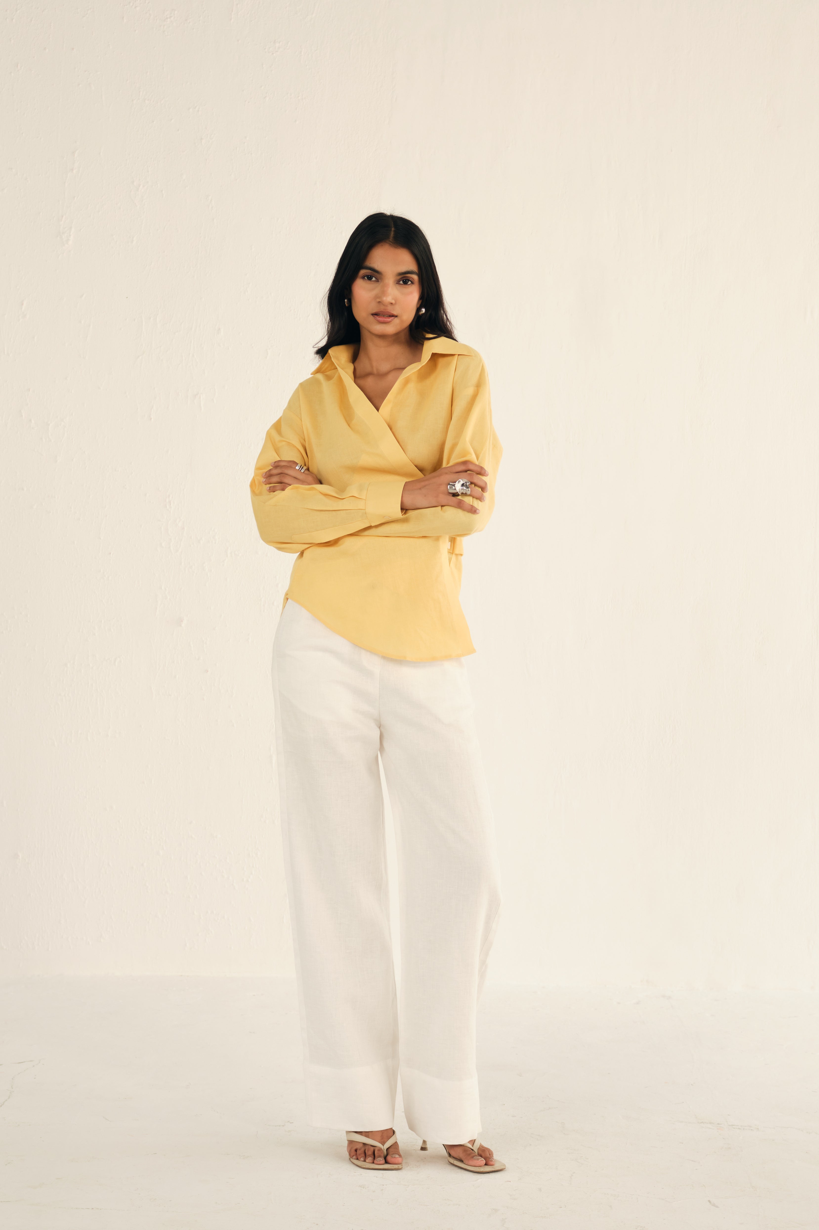 100% Linen Drawstring Straight Pants | White