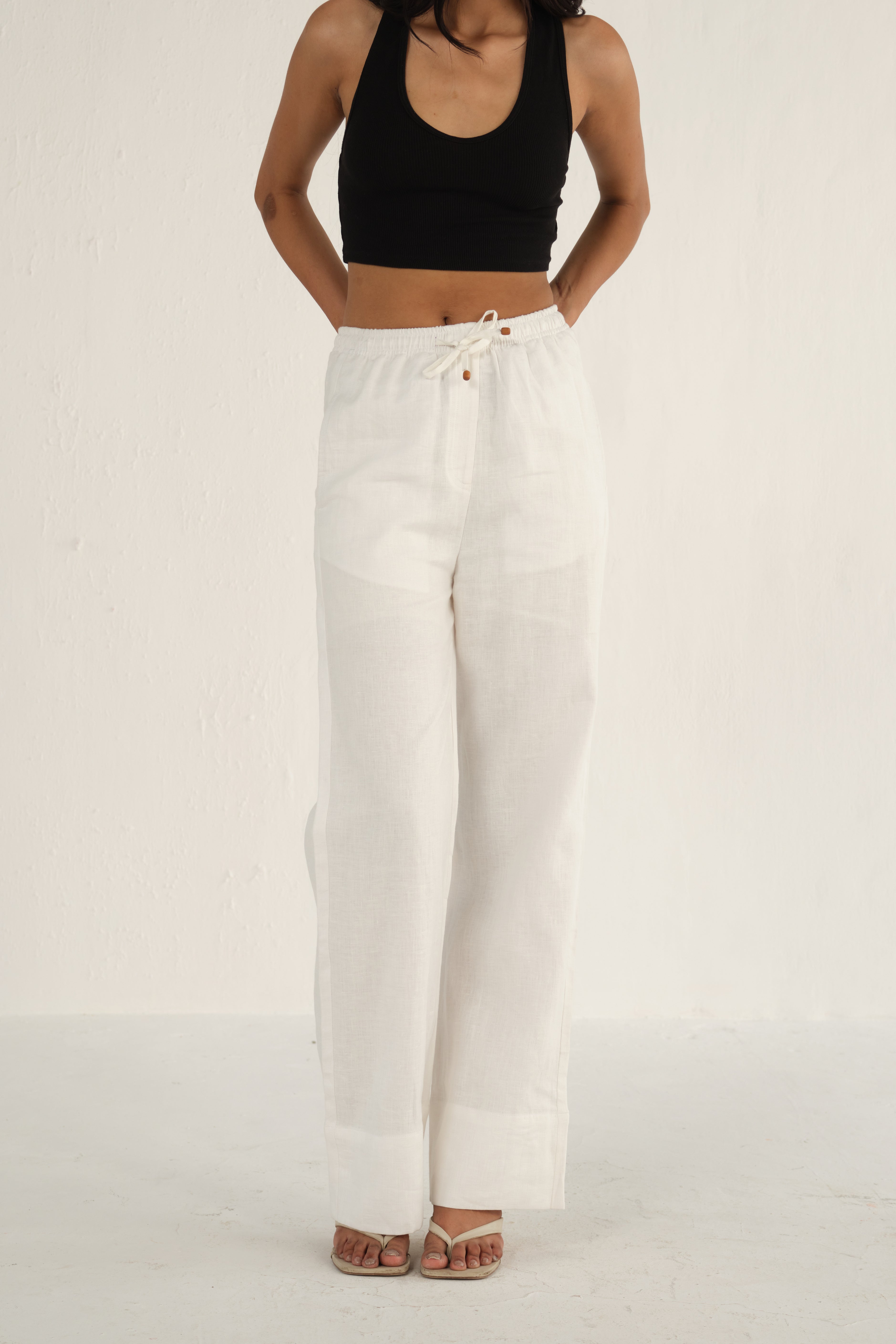 100% Linen Drawstring Straight Pants | White