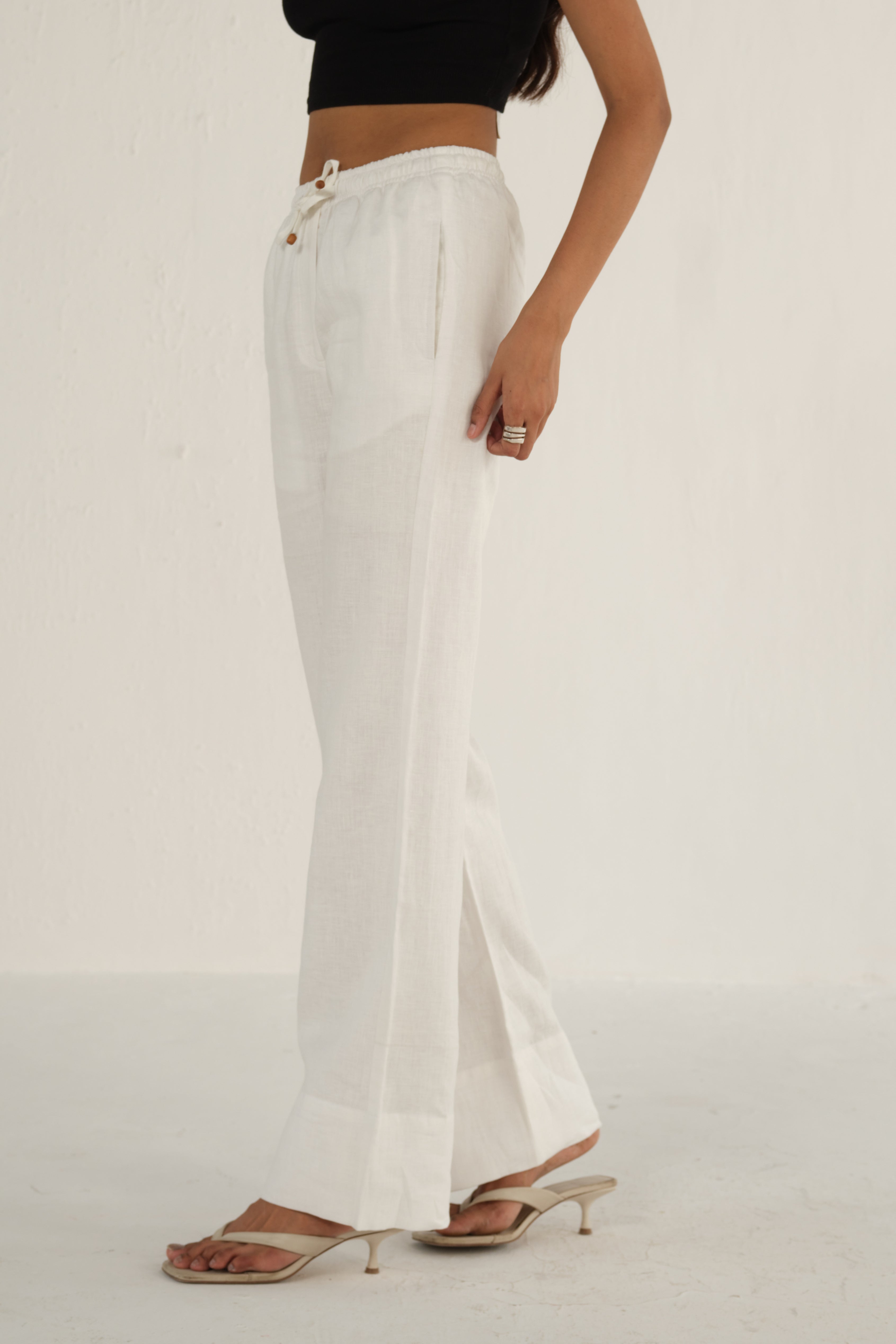 100% Linen Drawstring Straight Pants | White
