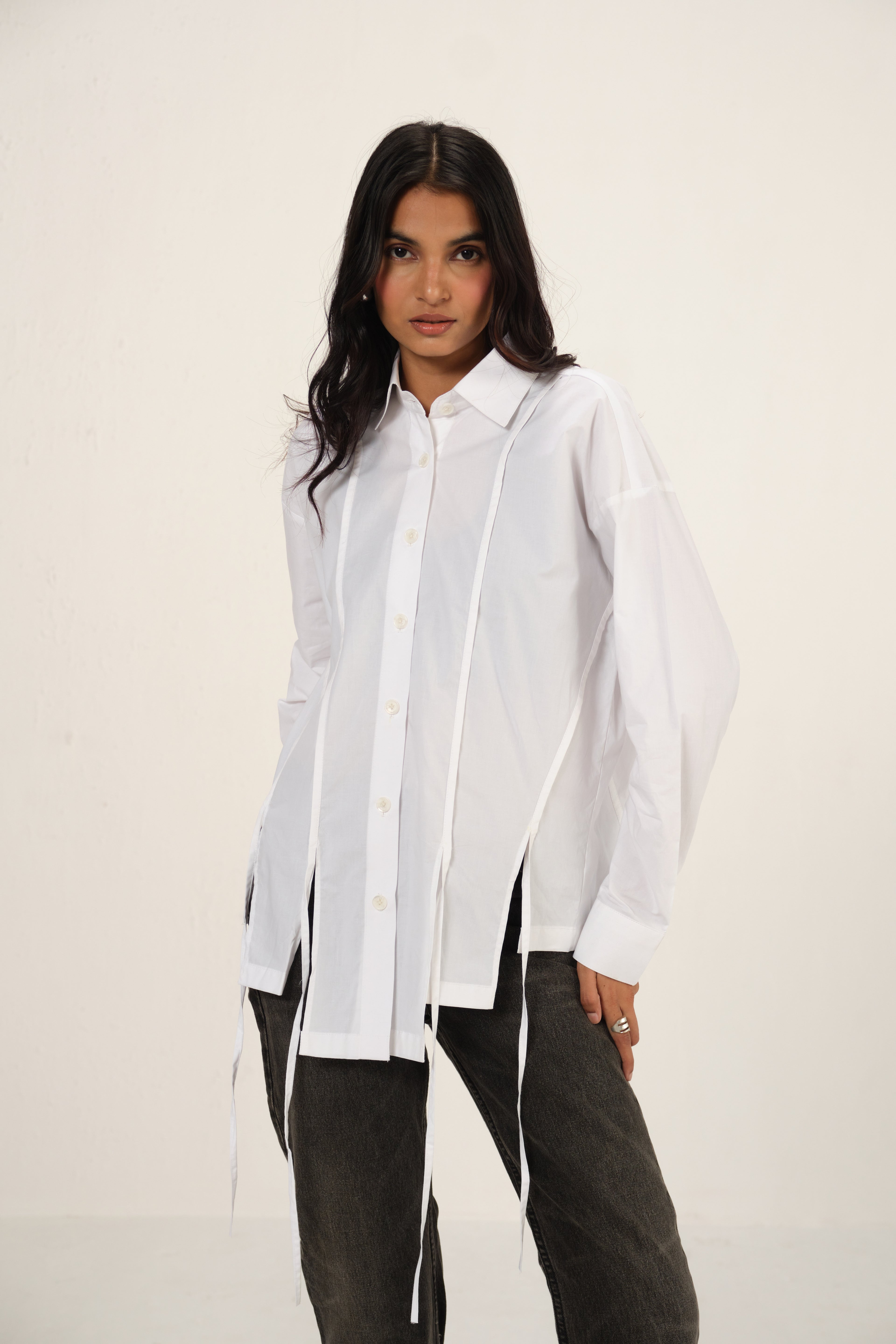Poplin Shirt with Slits & Strings | White