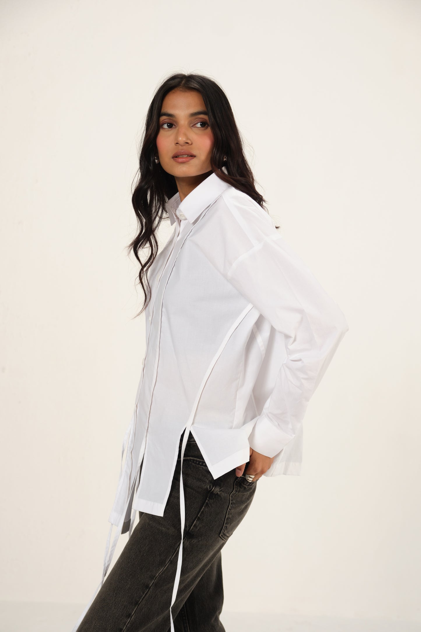 Poplin Shirt with Slits & Strings | White