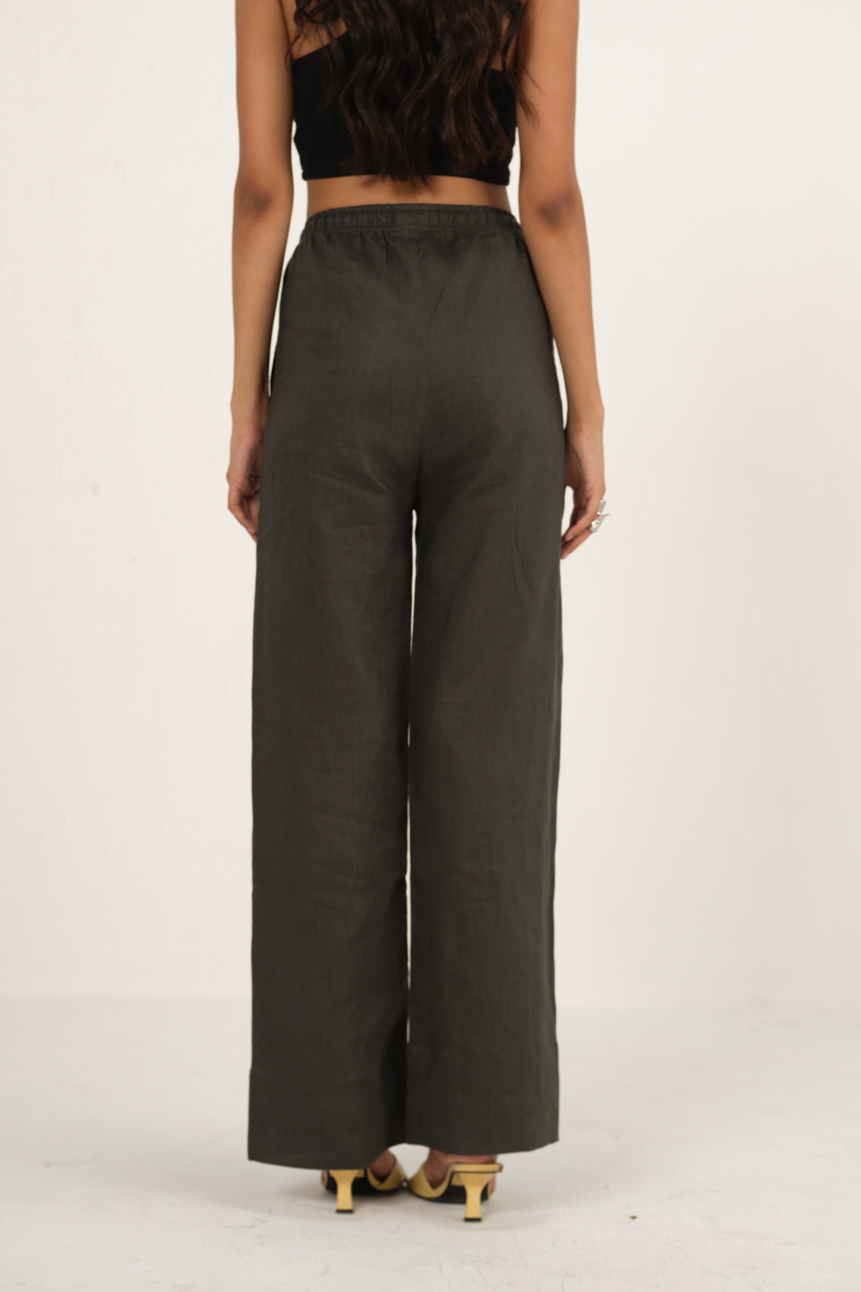 100% Linen Drawstring Straight Pants | Dark Green