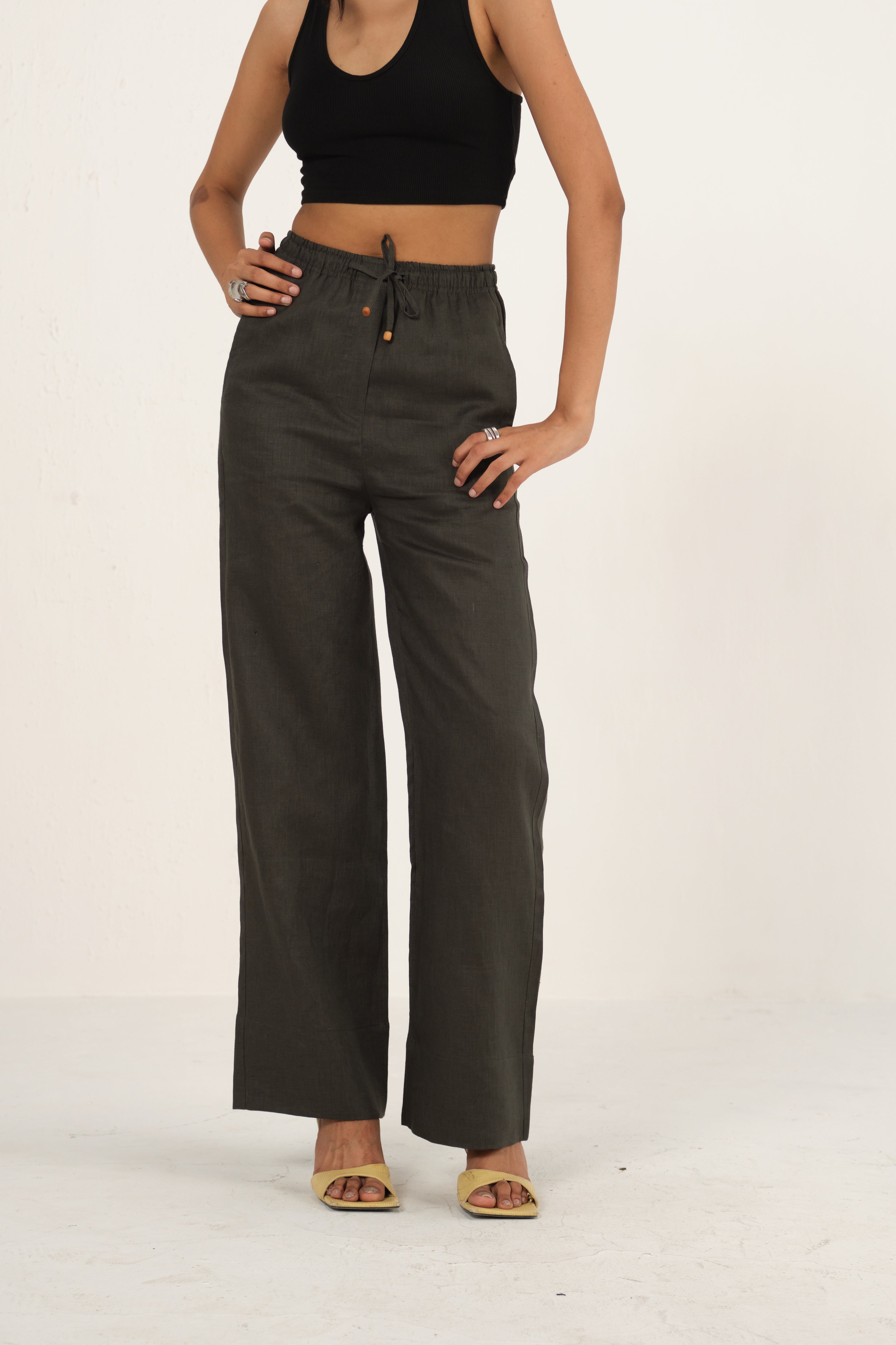 100% Linen Drawstring Straight Pants | Dark Green