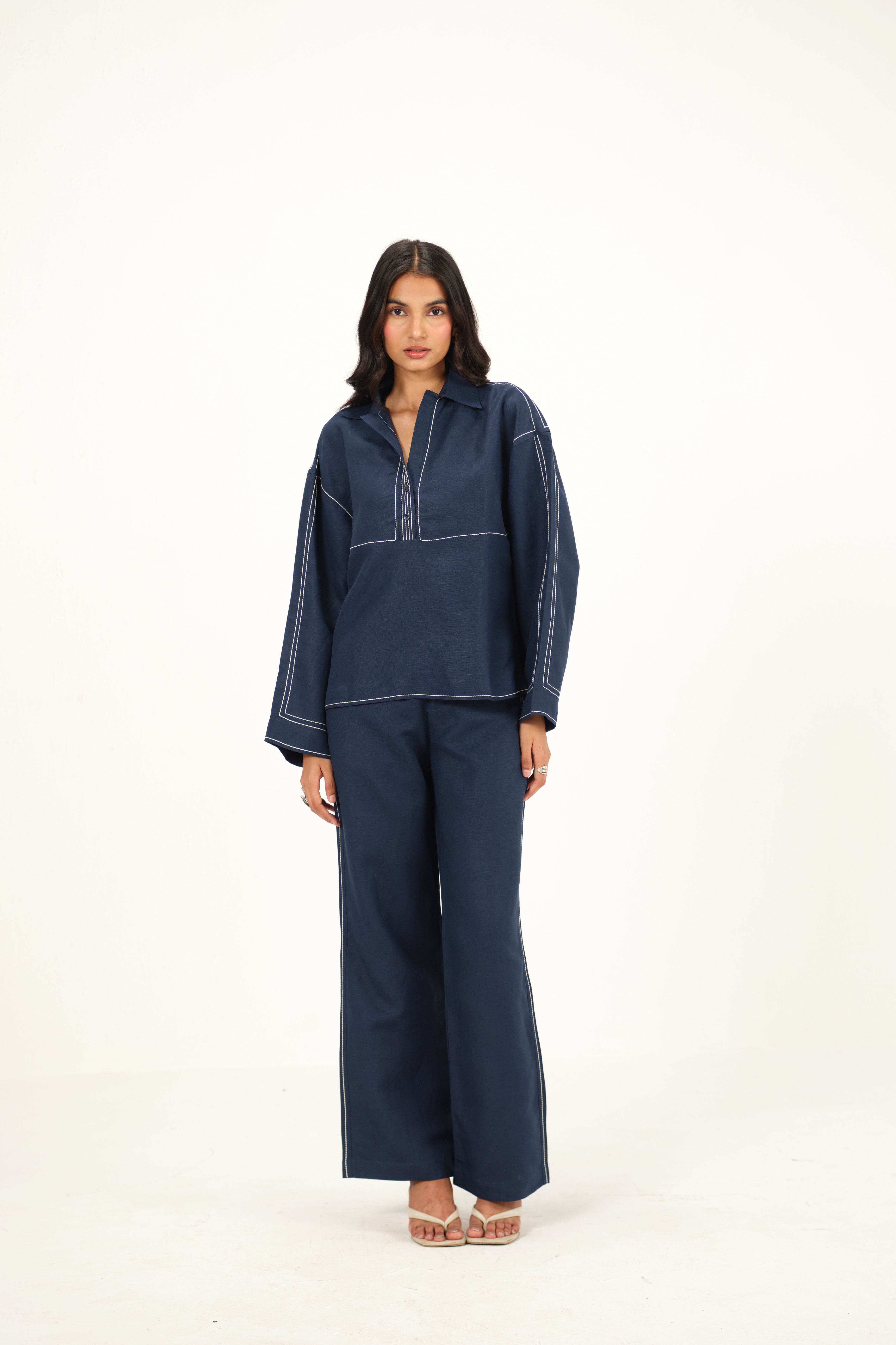 100% Linen Top Stitch Detail Top | Navy Blue