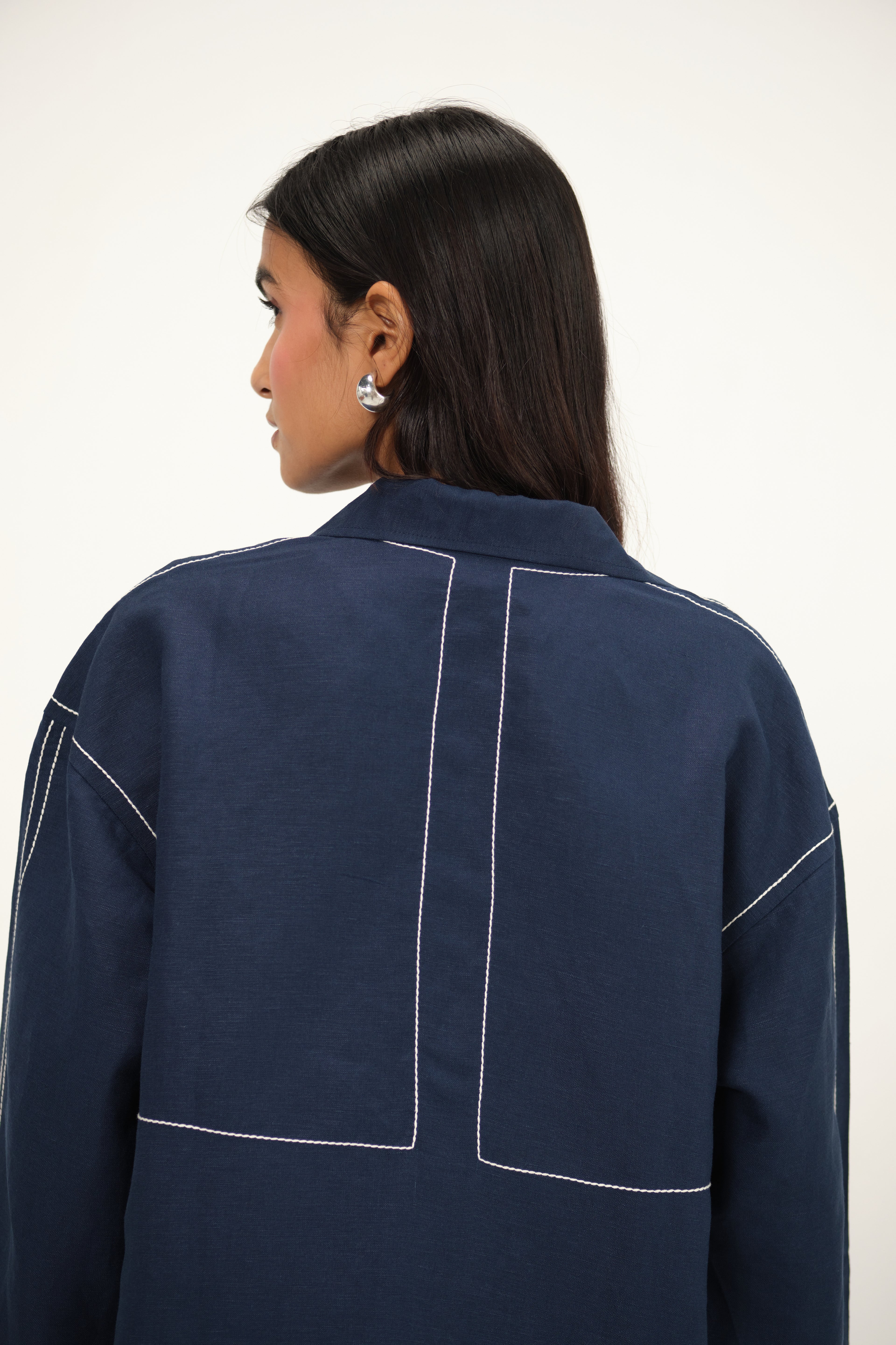 100% Linen Top Stitch Detail Top | Navy Blue