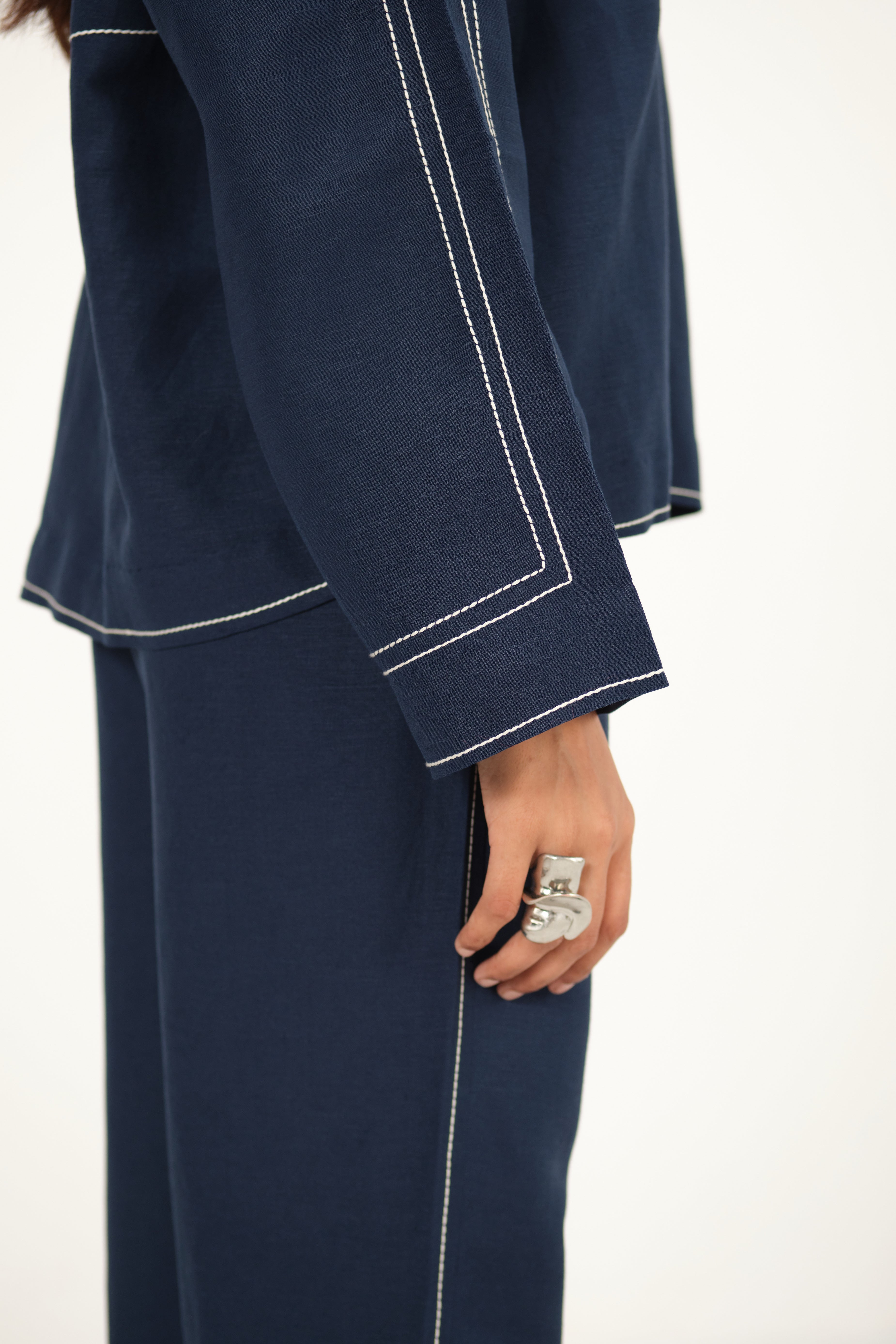 100% Linen Top Stitch Detail Top | Navy Blue