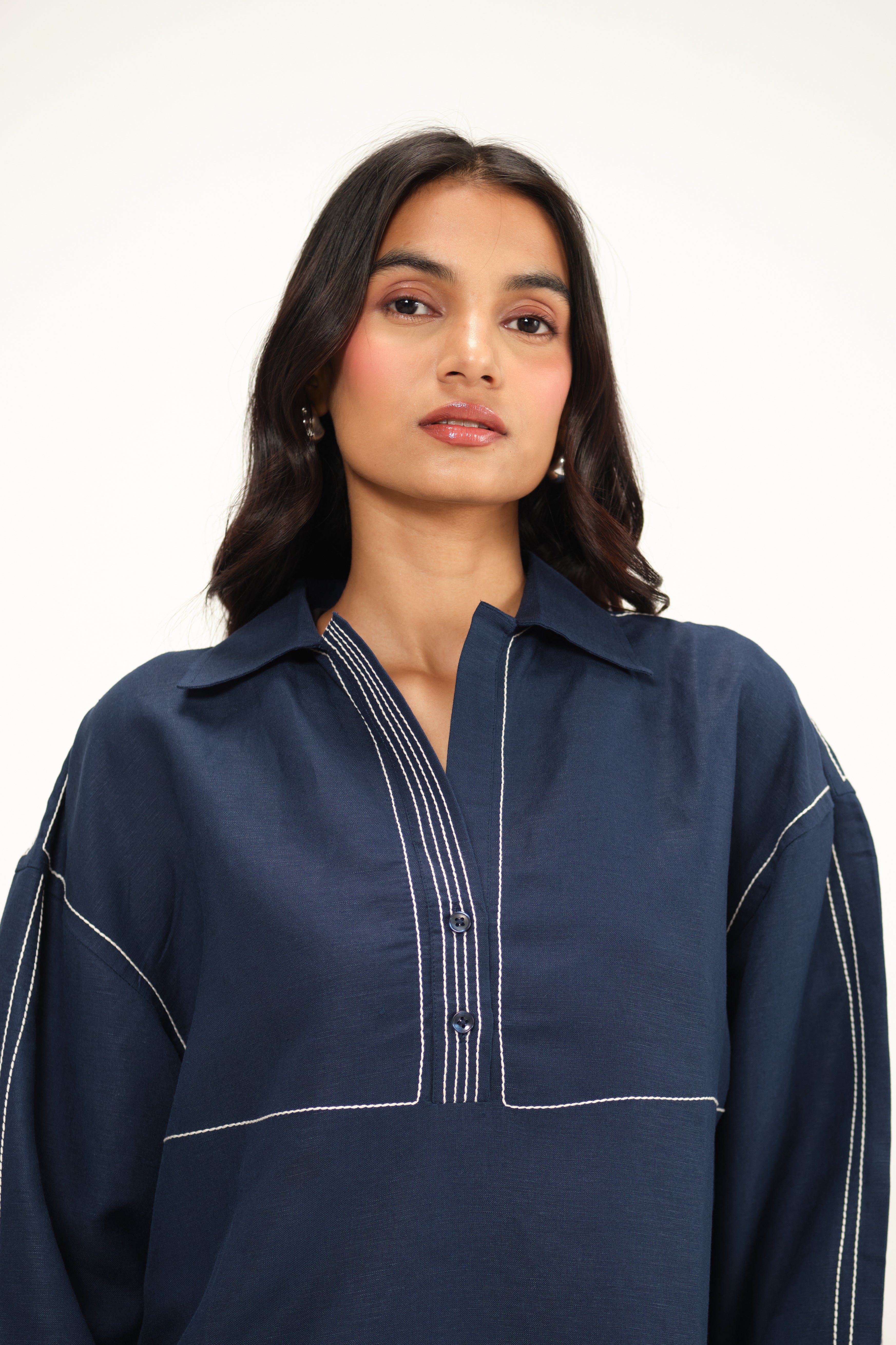100% Linen Top Stitch Detail Top | Navy Blue