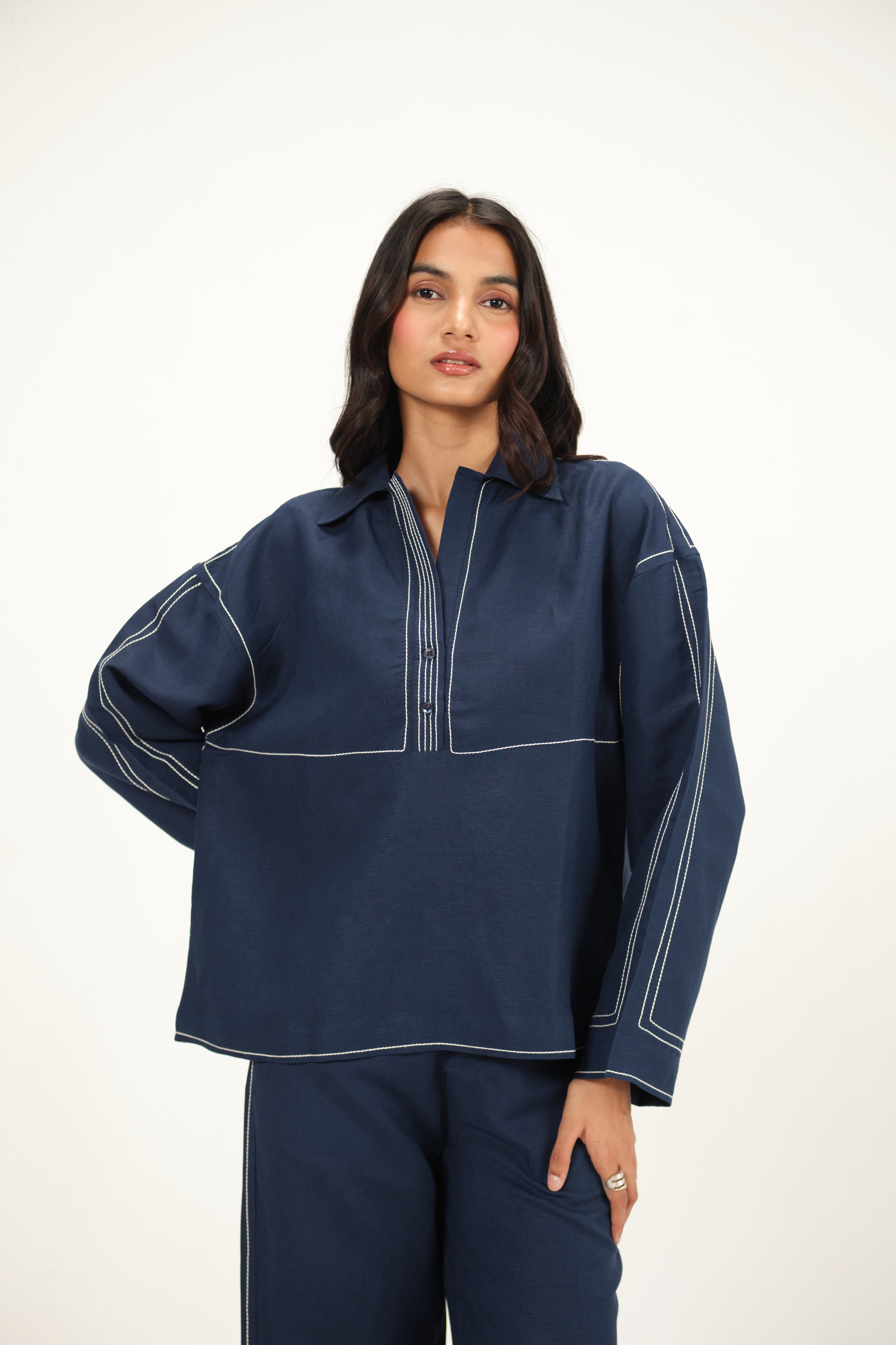 100% Linen Top Stitch Detail Top | Navy Blue