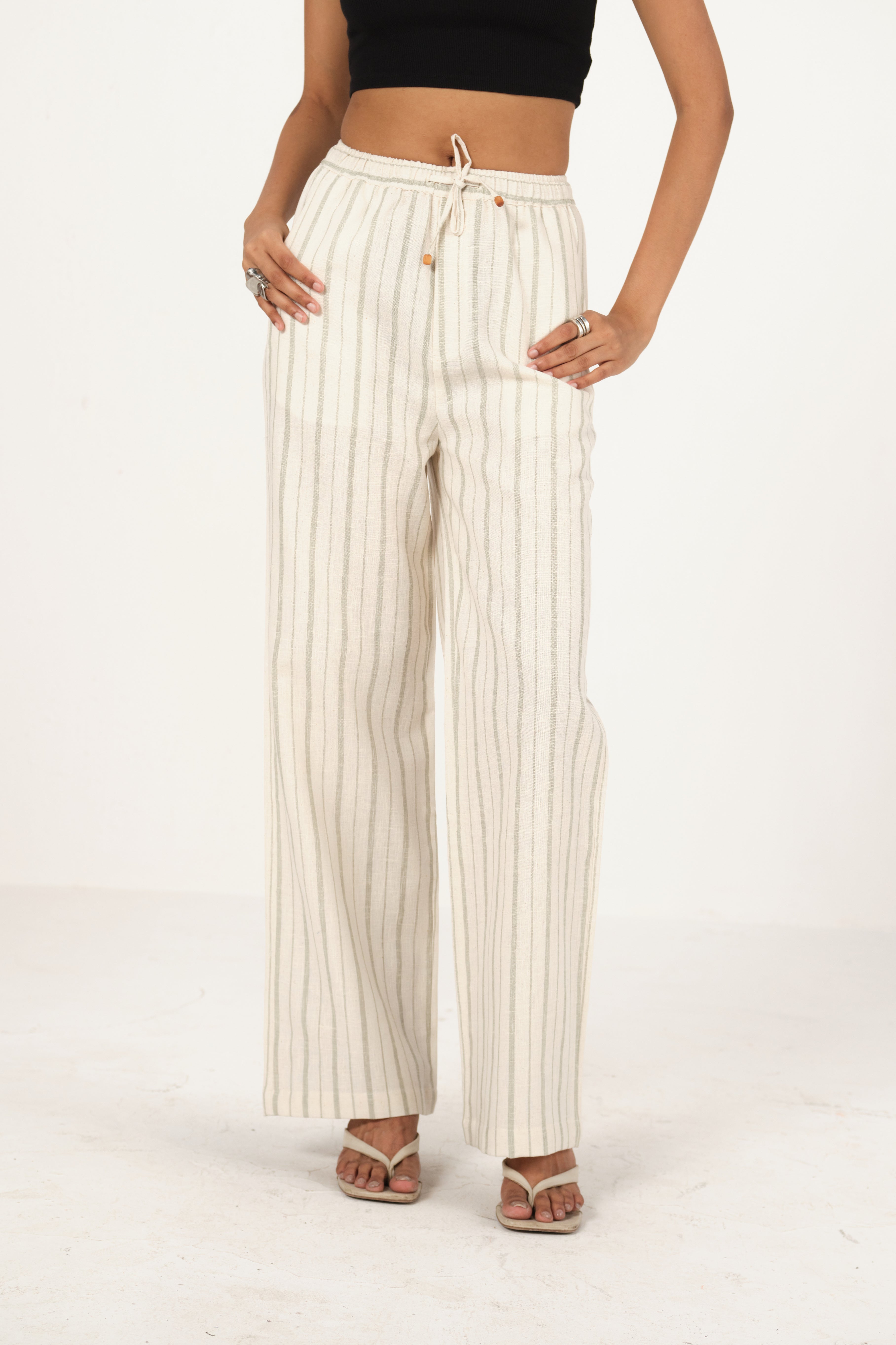 Linen Striped Drawstring Pants | Off White & Green