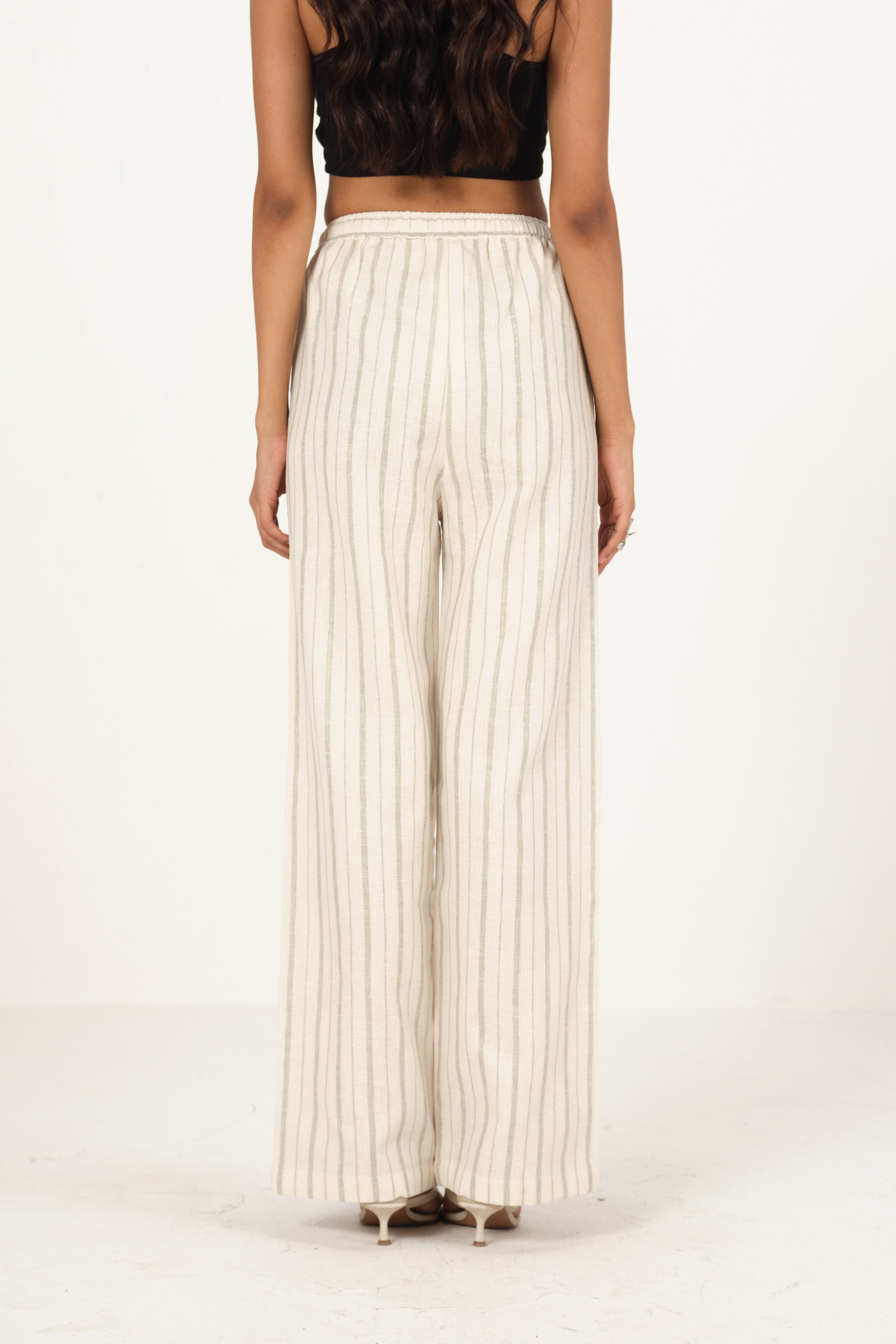 Linen Striped Drawstring Pants | Off White & Green