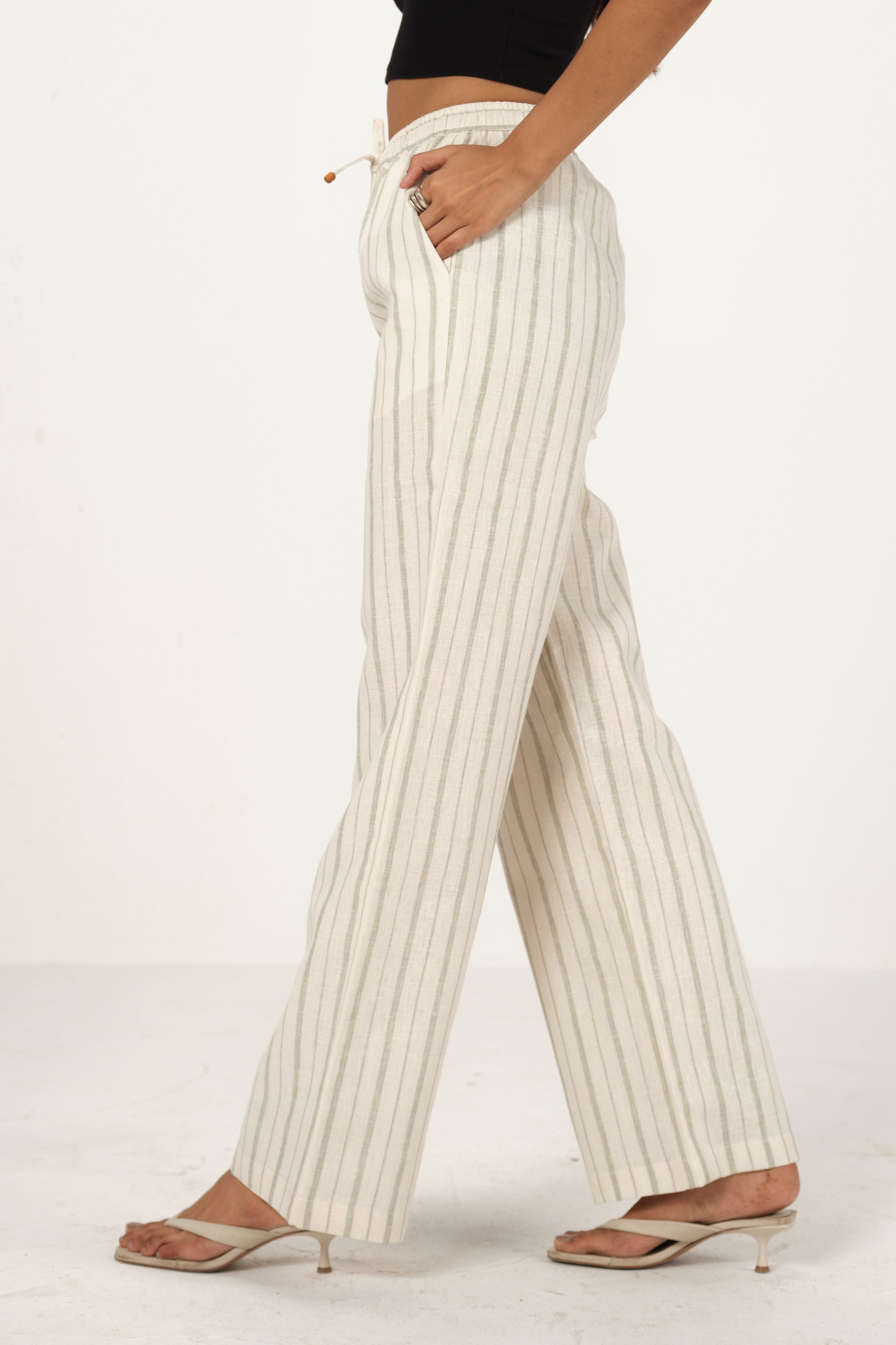Linen Striped Drawstring Pants | Off White & Green