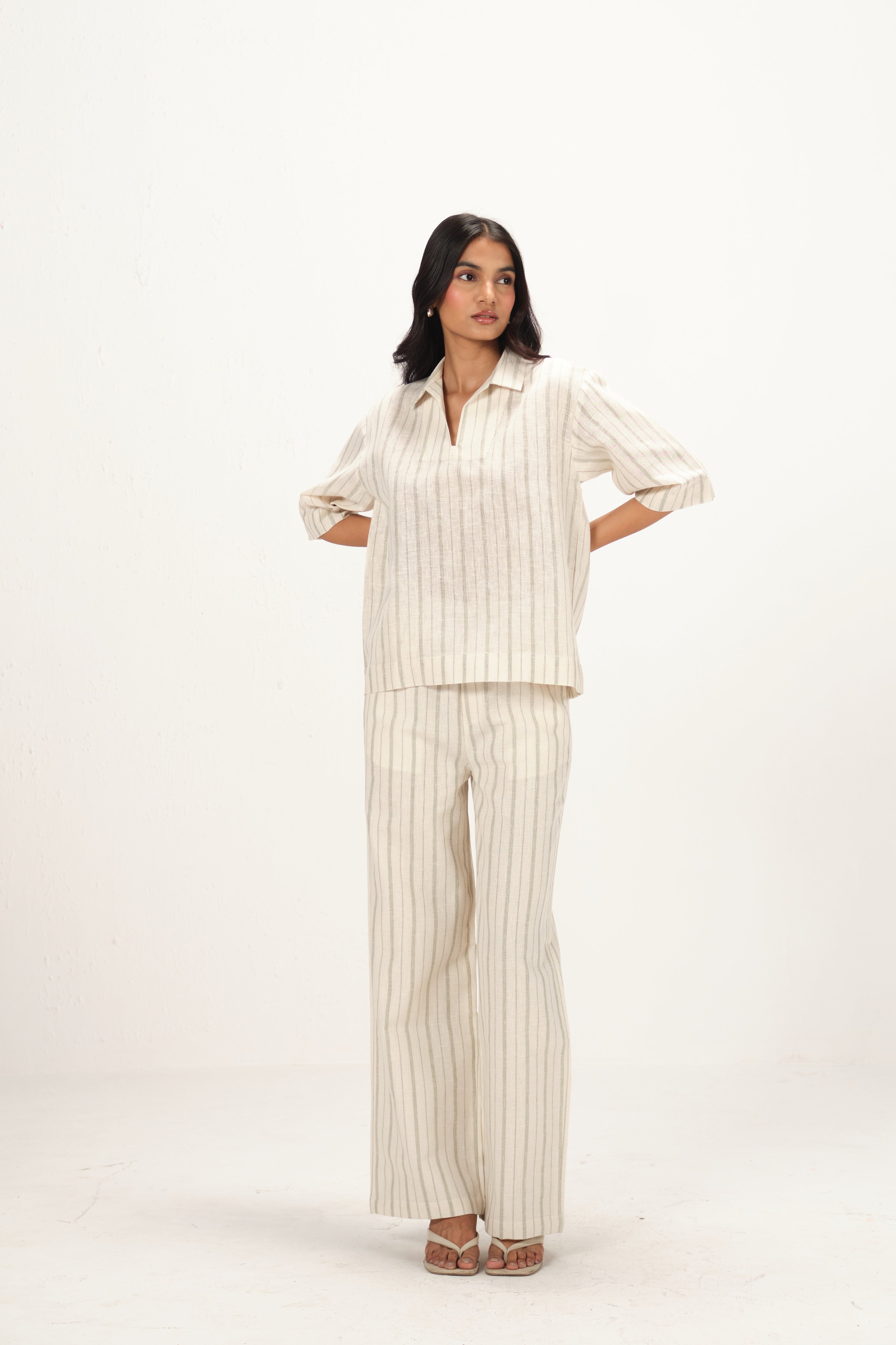 Linen Striped Collar Neck Top | Off White & Green
