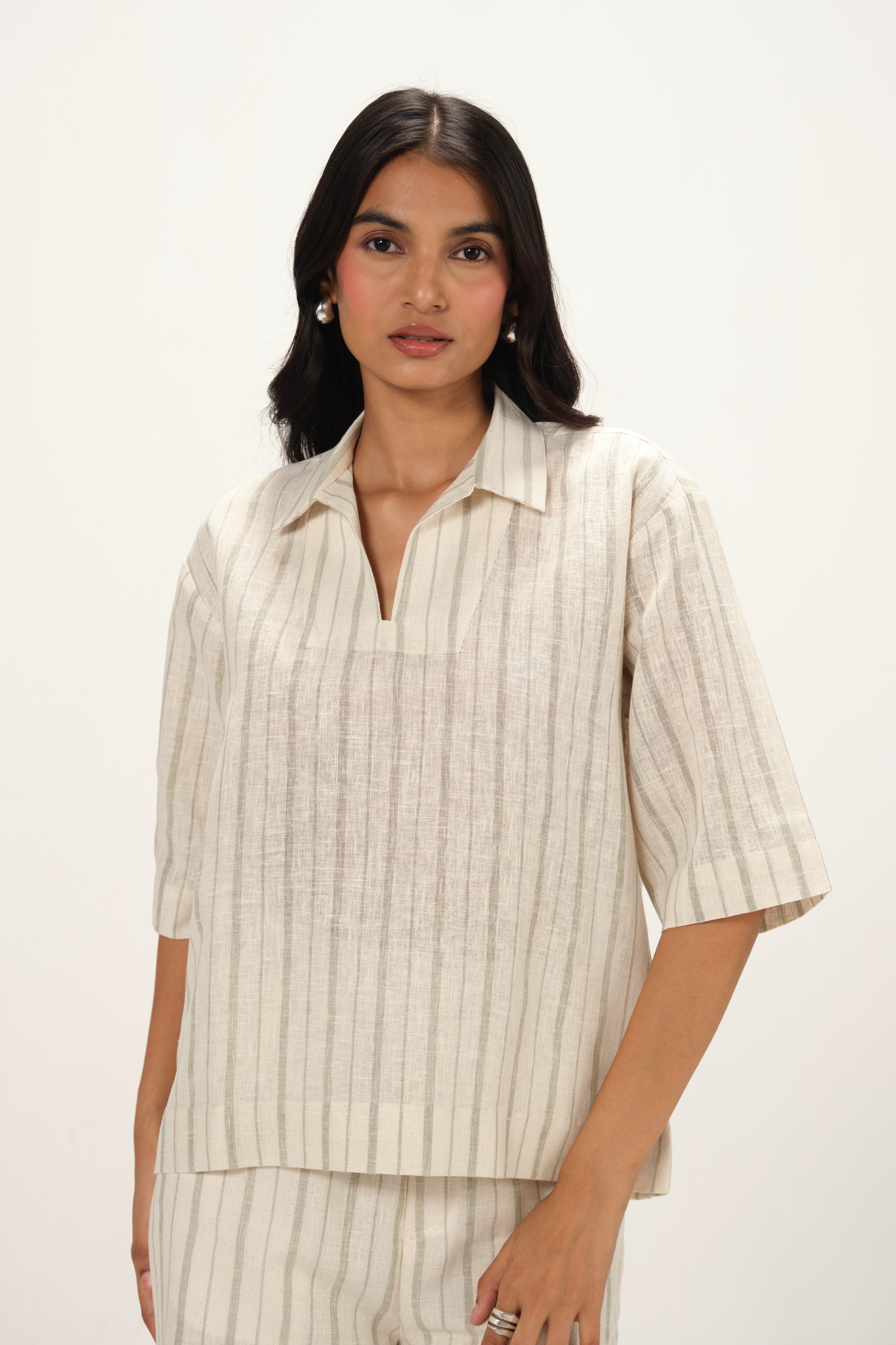 Linen Striped Collar Neck Top | Off White & Green