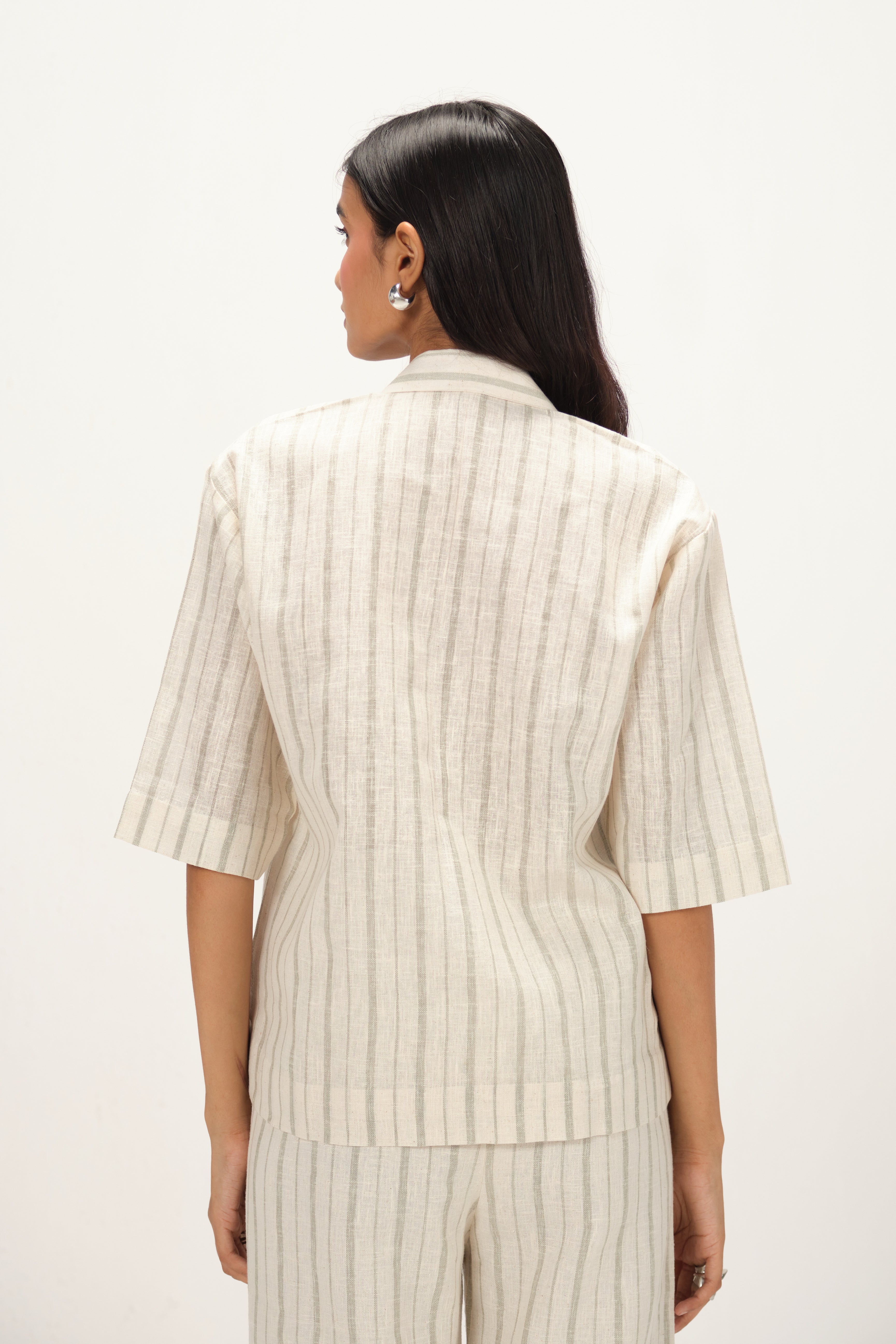 Linen Striped Collar Neck Top | Off White & Green