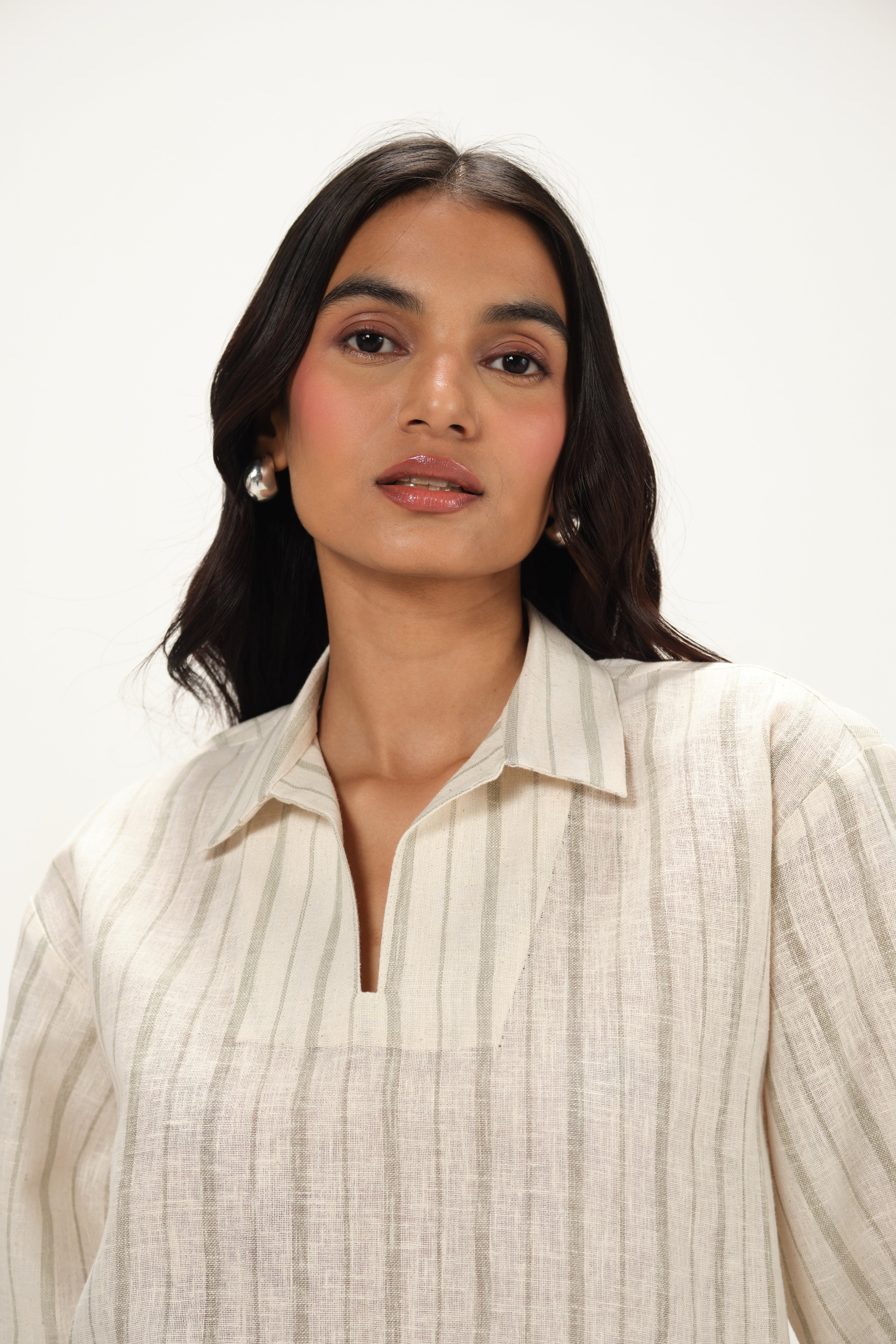 Linen Striped Collar Neck Top | Off White & Green