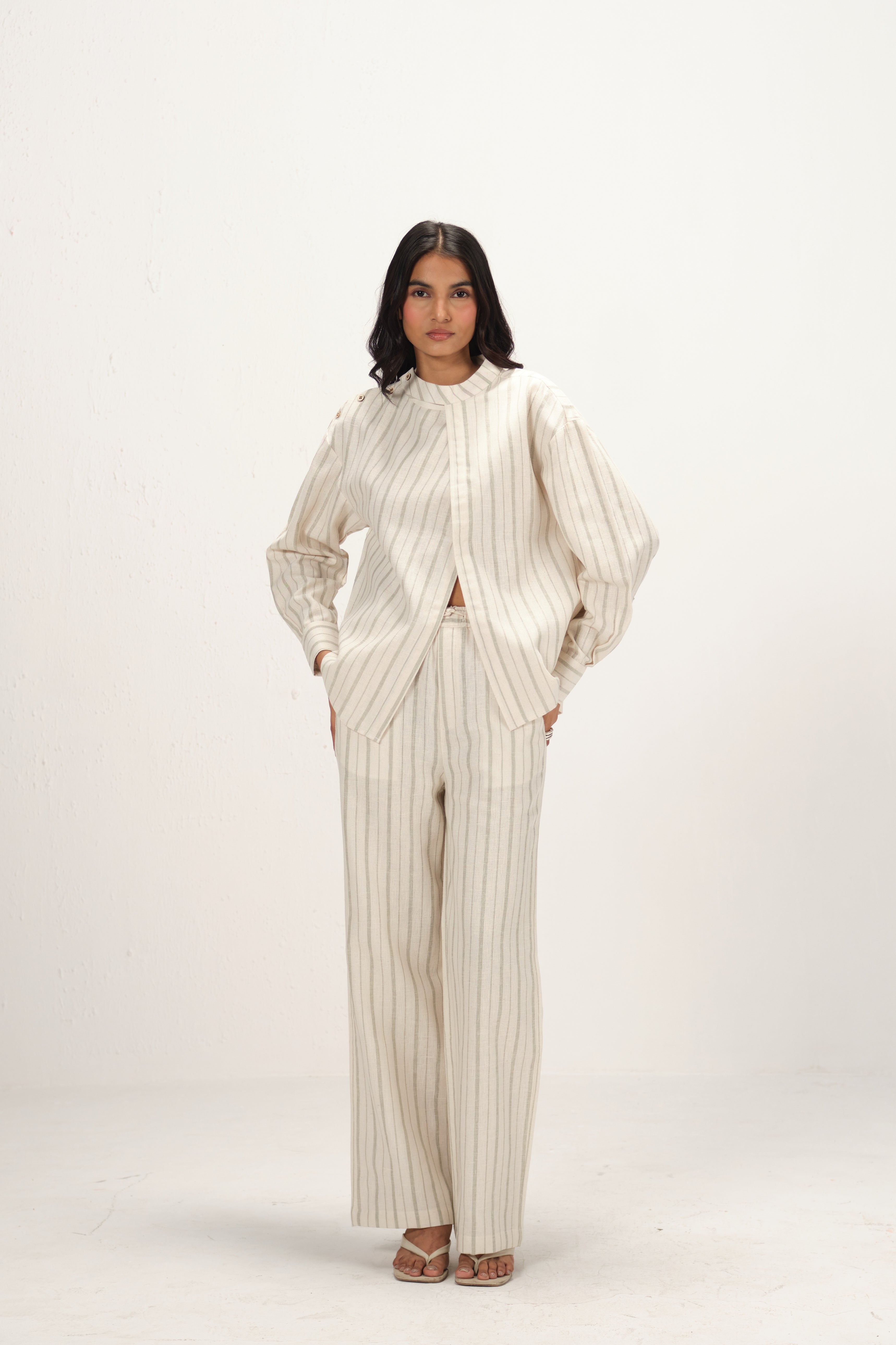 Linen Striped Band Collar Top with Front Slit | Off White & Green