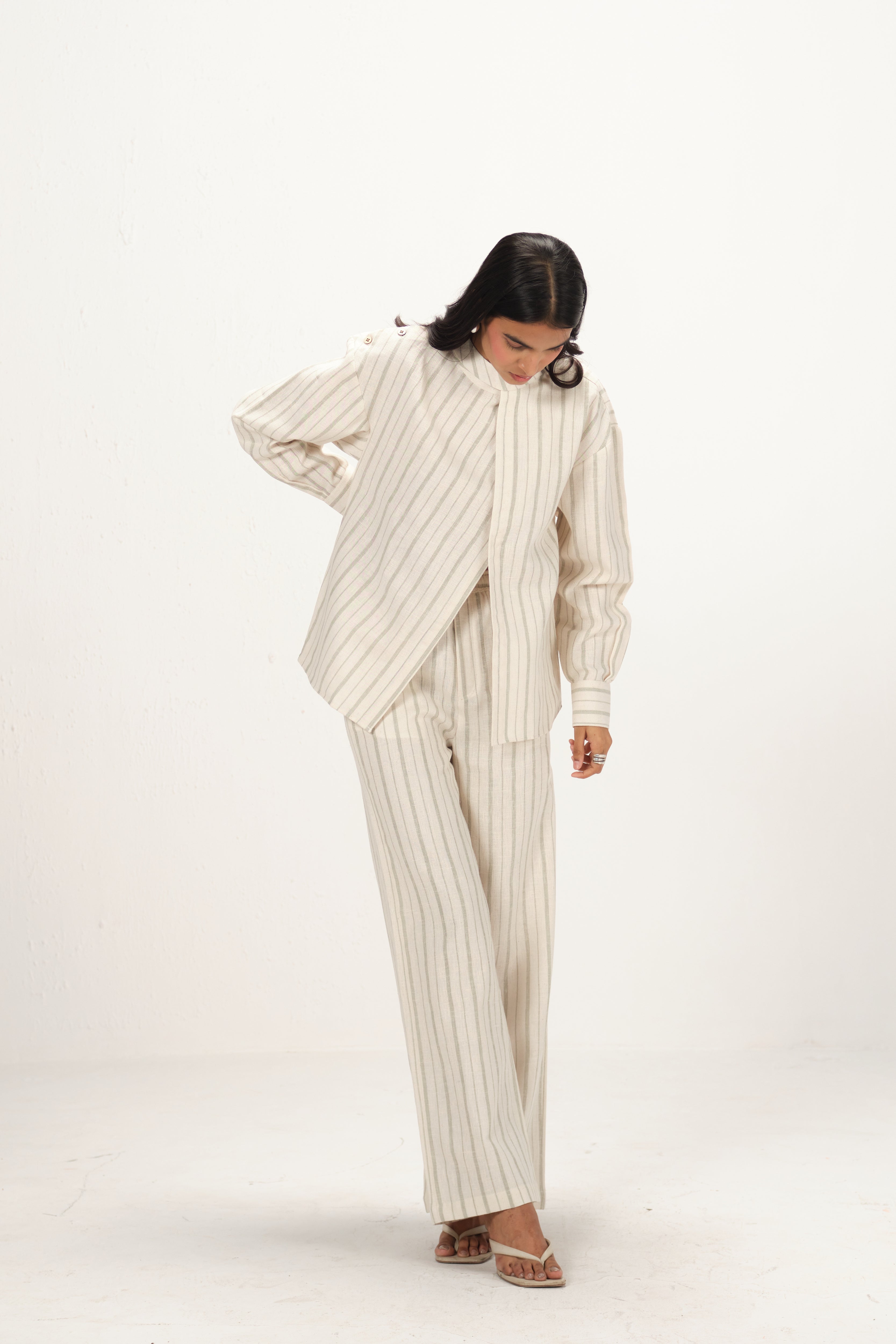 Linen Striped Drawstring Pants | Off White & Green