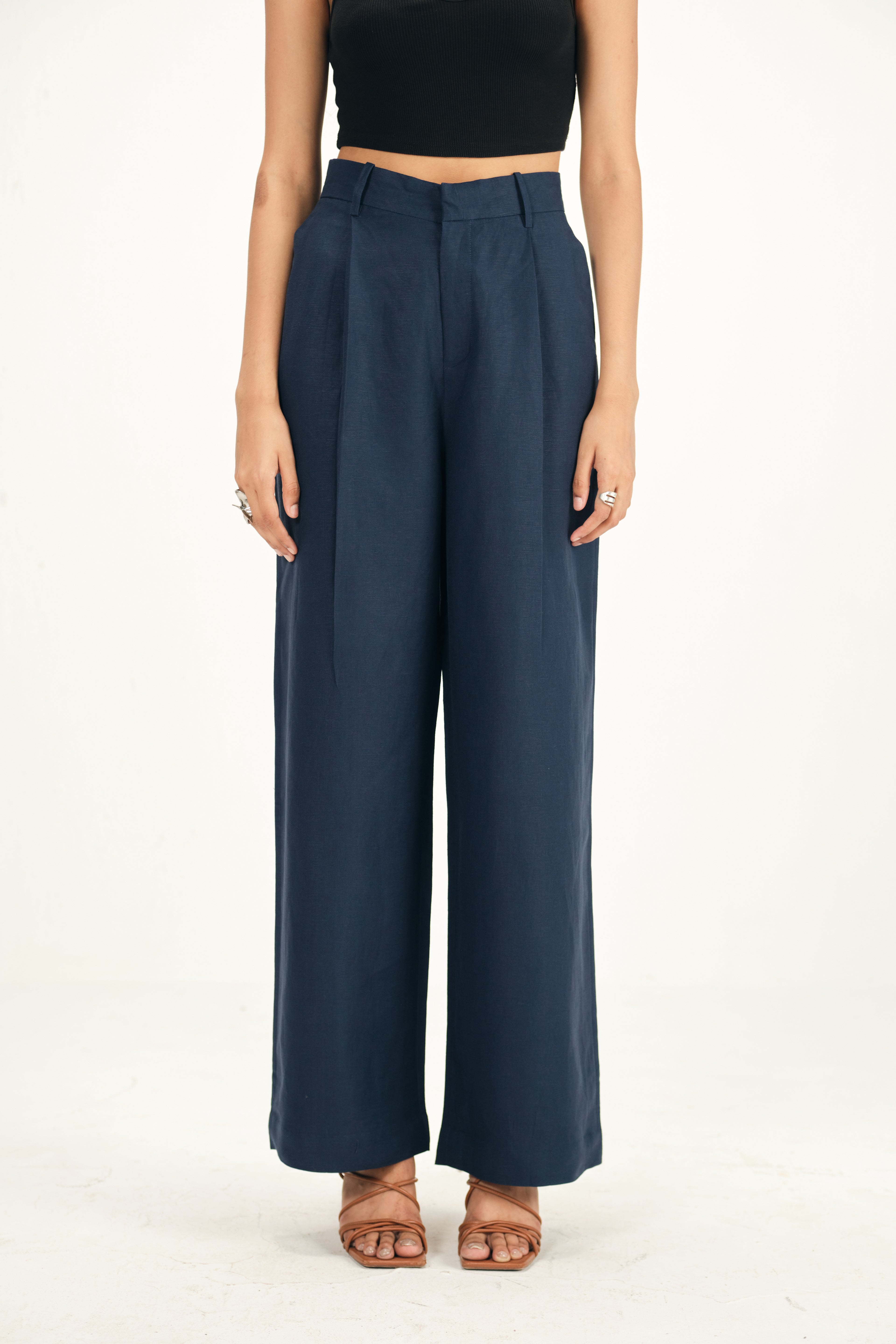 100% Linen Navy Blue Straight Fit Pants