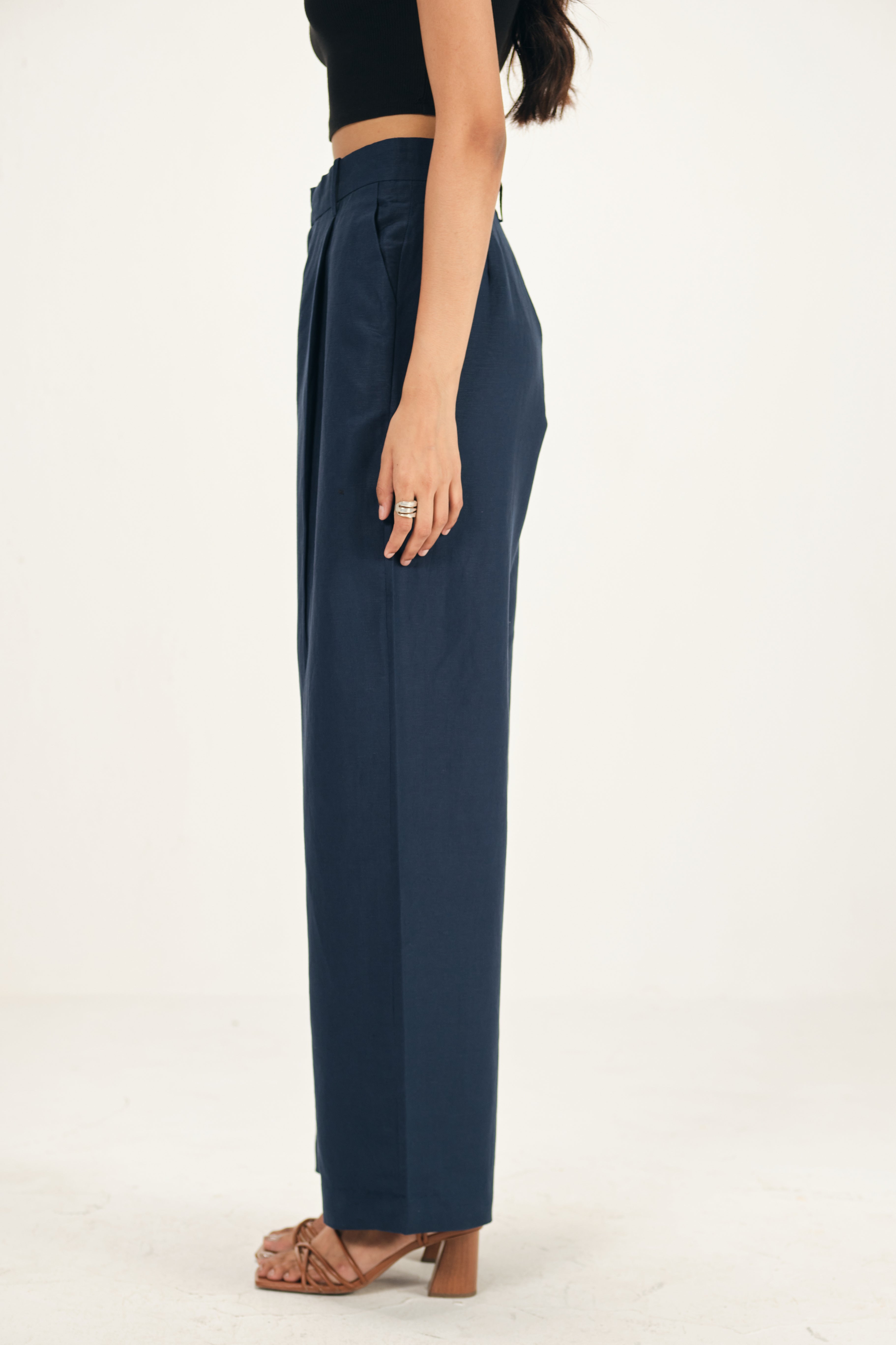 100% Linen Navy Blue Straight Fit Pants