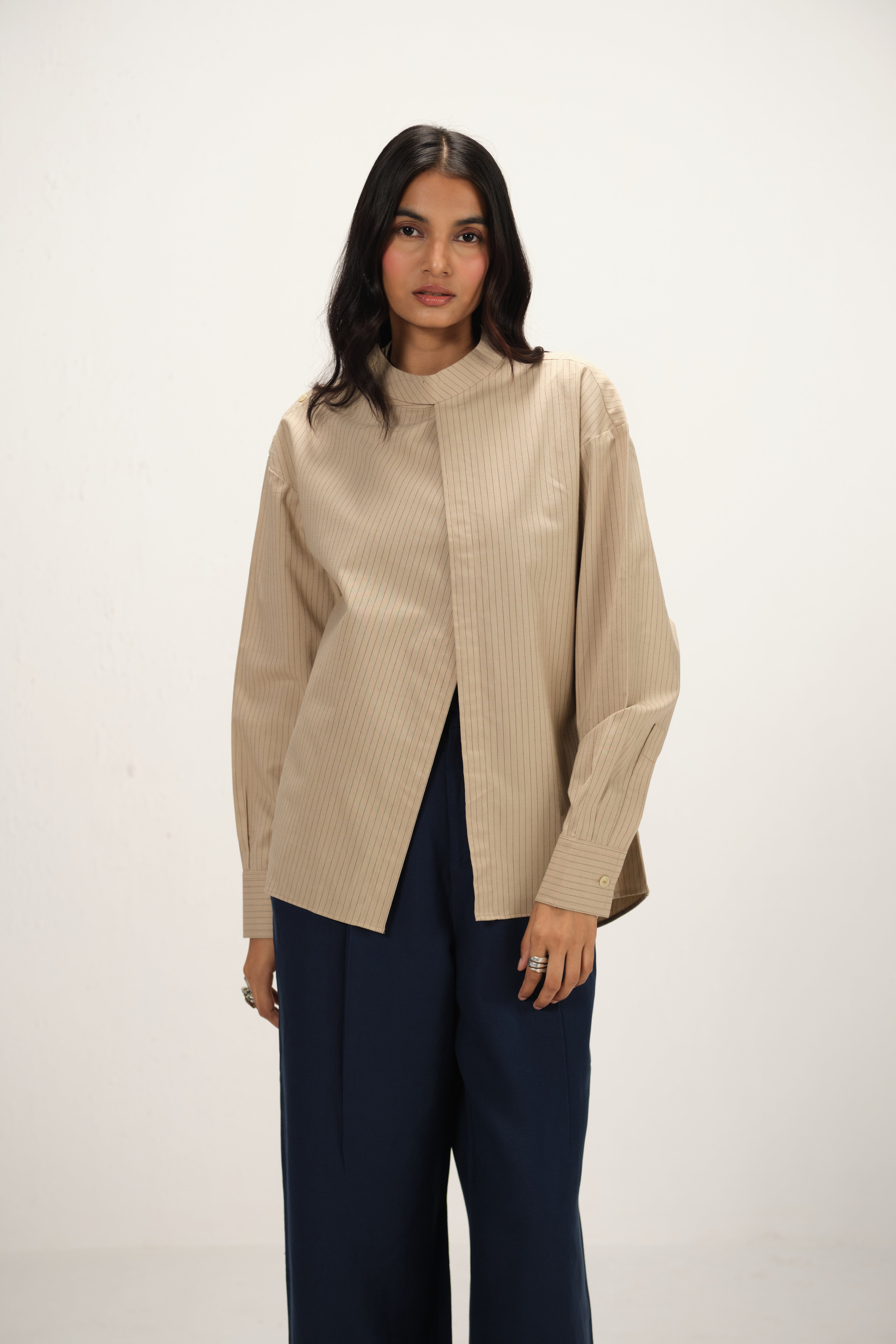 Linen Striped Band Collar Top with Front Slit | Beige & Navy Blue