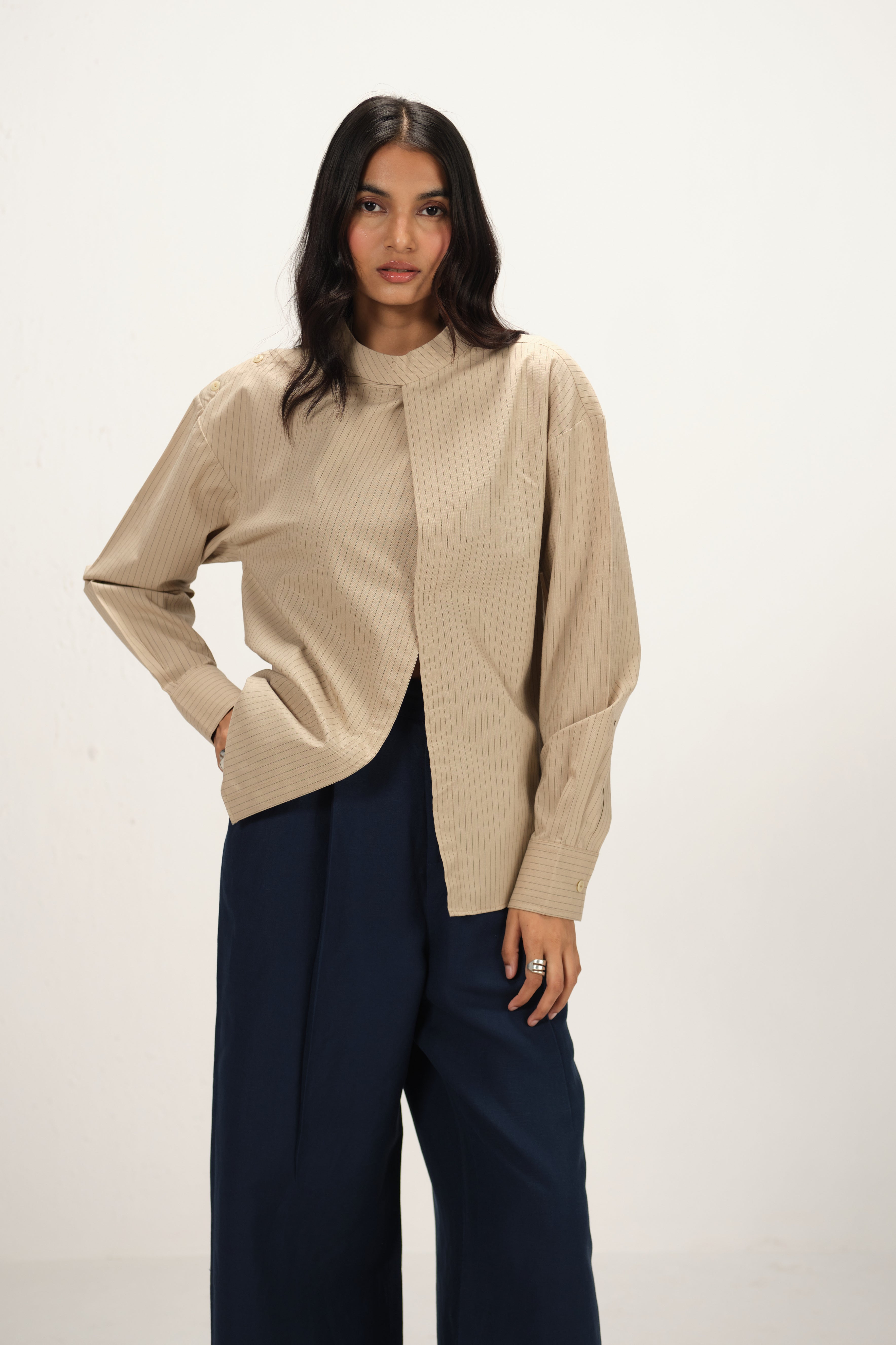 Linen Striped Band Collar Top with Front Slit | Beige & Navy Blue