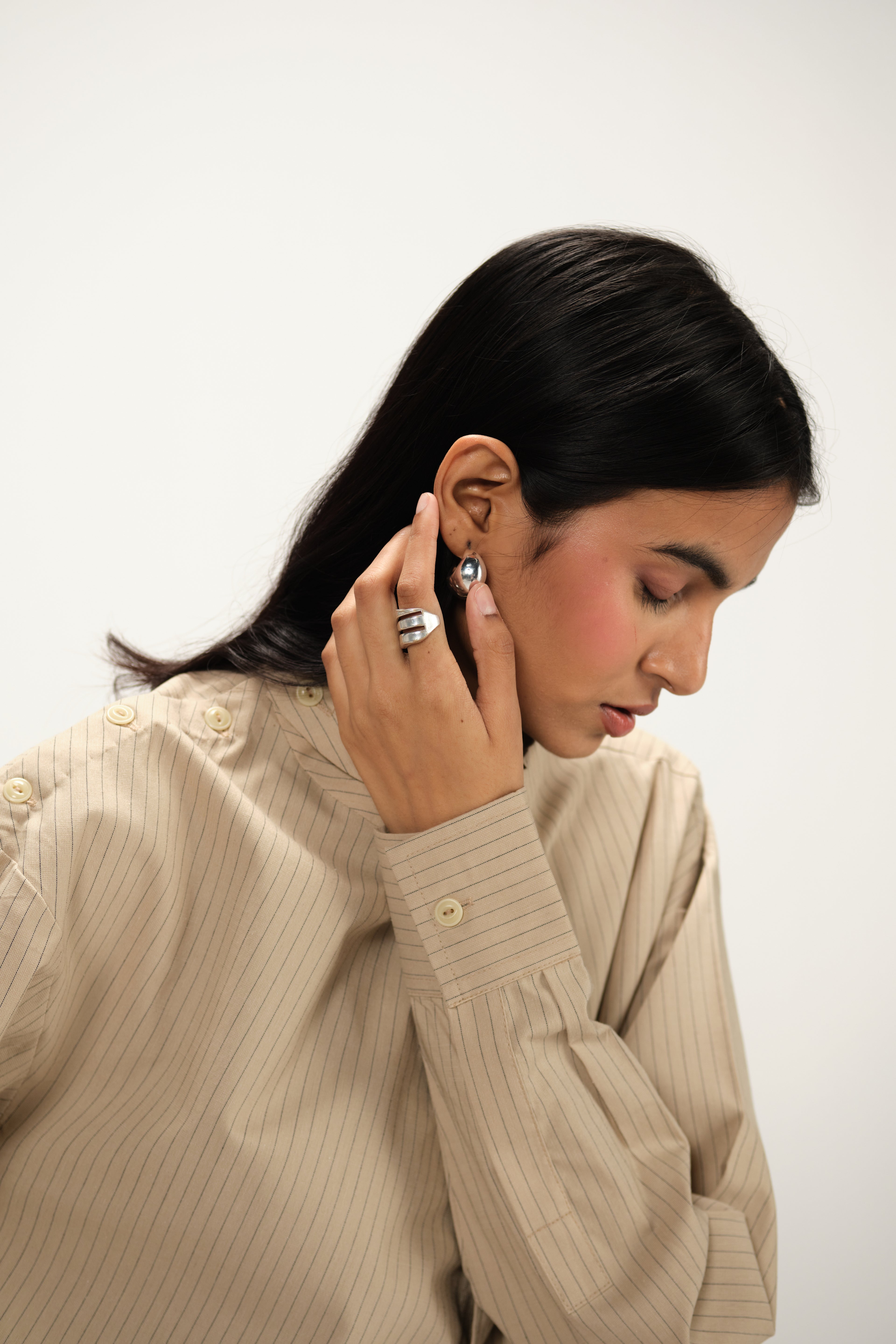 Linen Striped Band Collar Top with Front Slit | Beige & Navy Blue