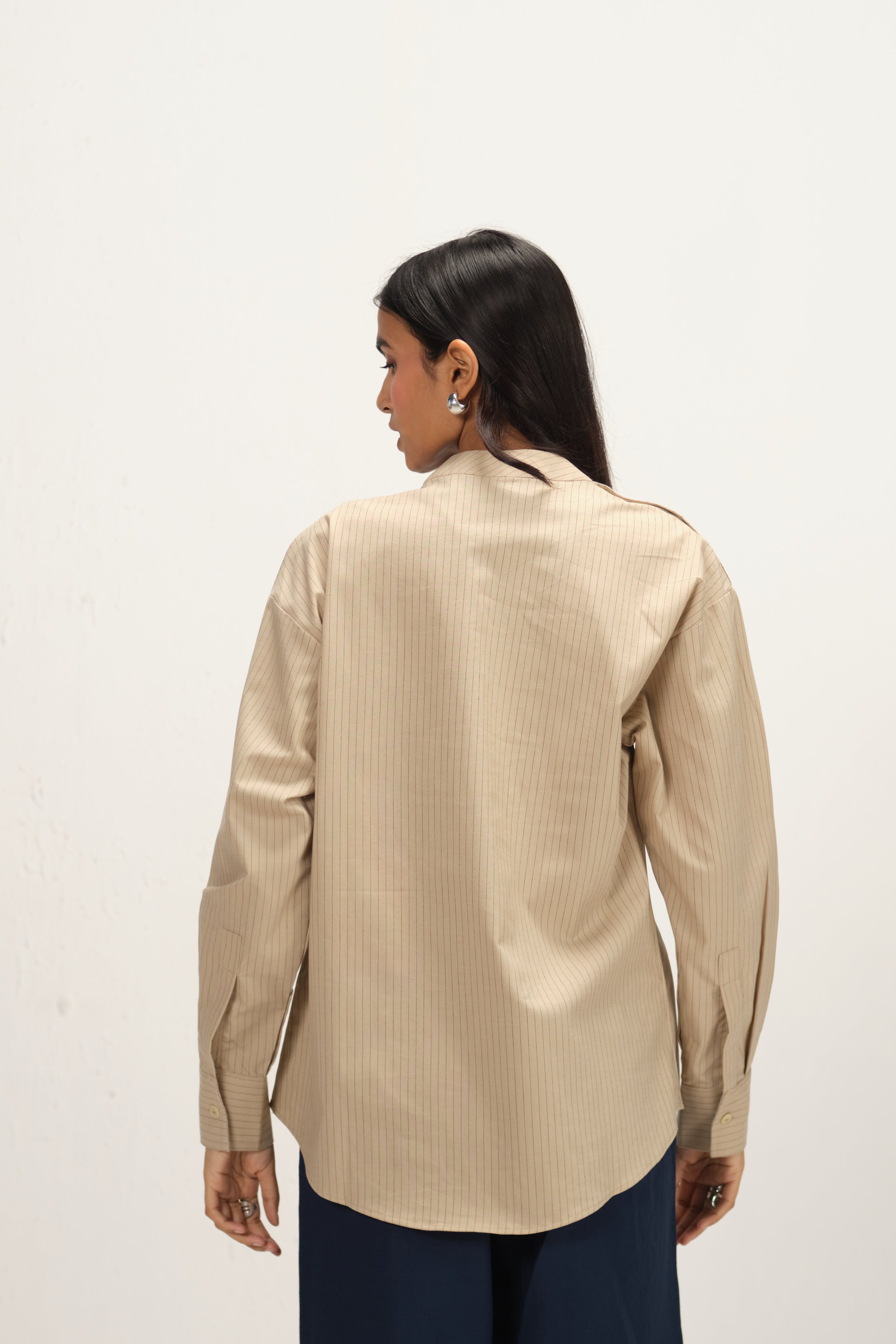 Linen Striped Band Collar Top with Front Slit | Beige & Navy Blue