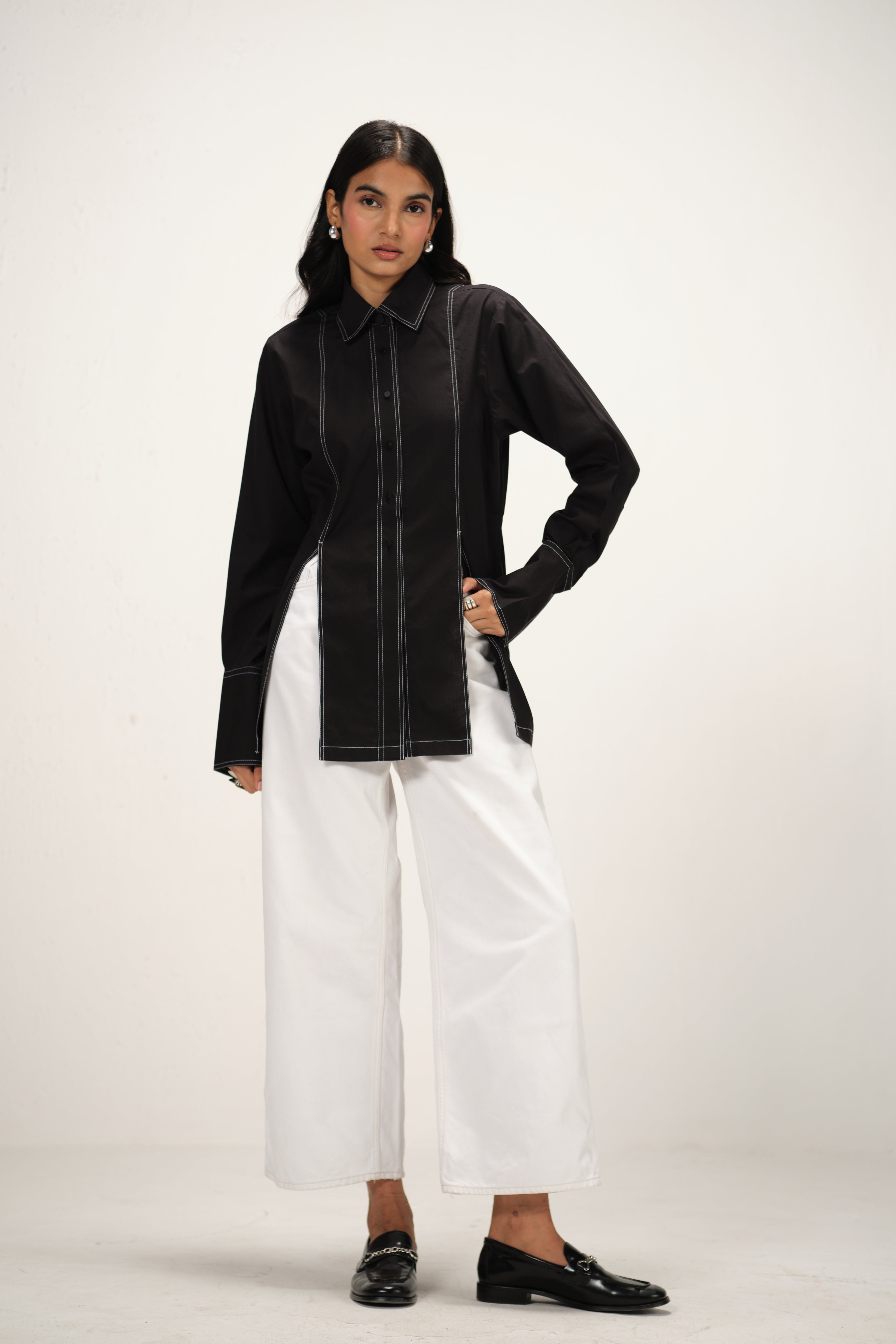 Poplin Shirt with Top Stitch Detail | Black